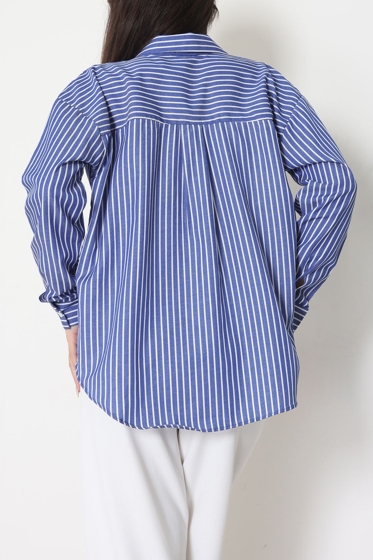 Pamuk Polyester Çizgili Oversize Gömlek Koyumavibeyaz - 51052.147.