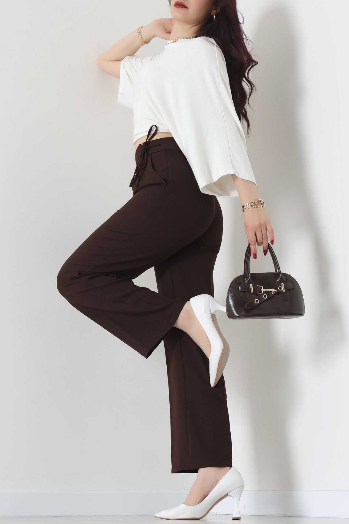 Double Kumaş İp Bağlamalı Palazzo Pantolon Kahve - 51268.683.