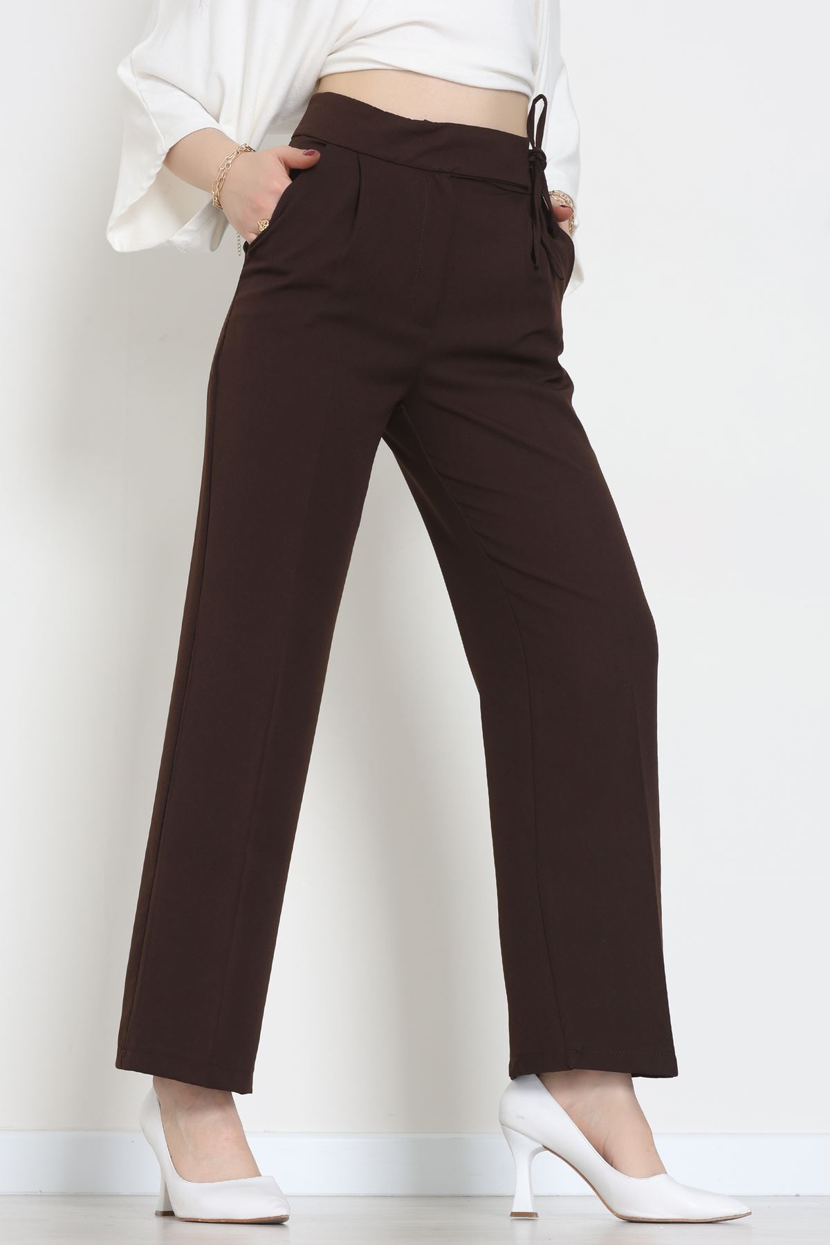 Double Kumaş İp Bağlamalı Palazzo Pantolon Kahve - 51268.683.