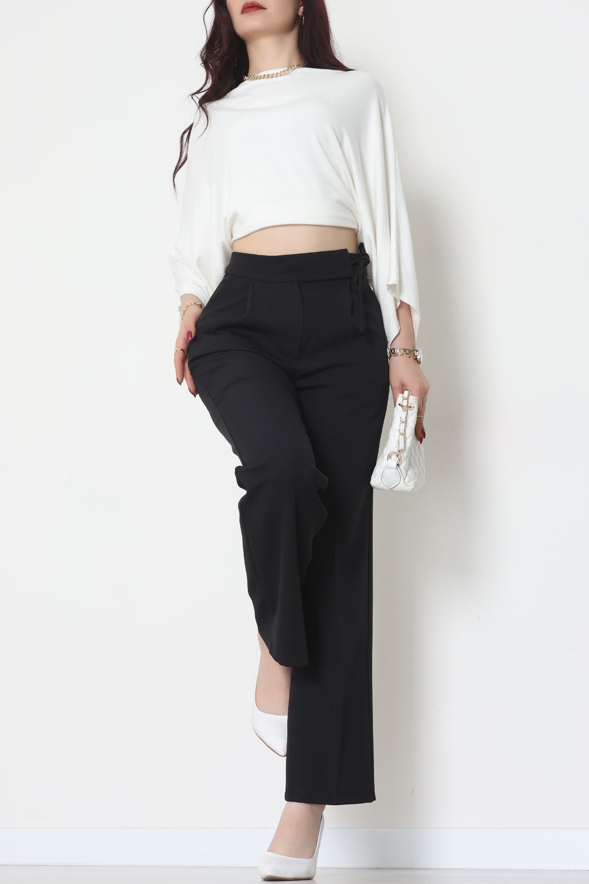 Double Kumaş İp Bağlamalı Palazzo Pantolon Siyah - 51268.683.