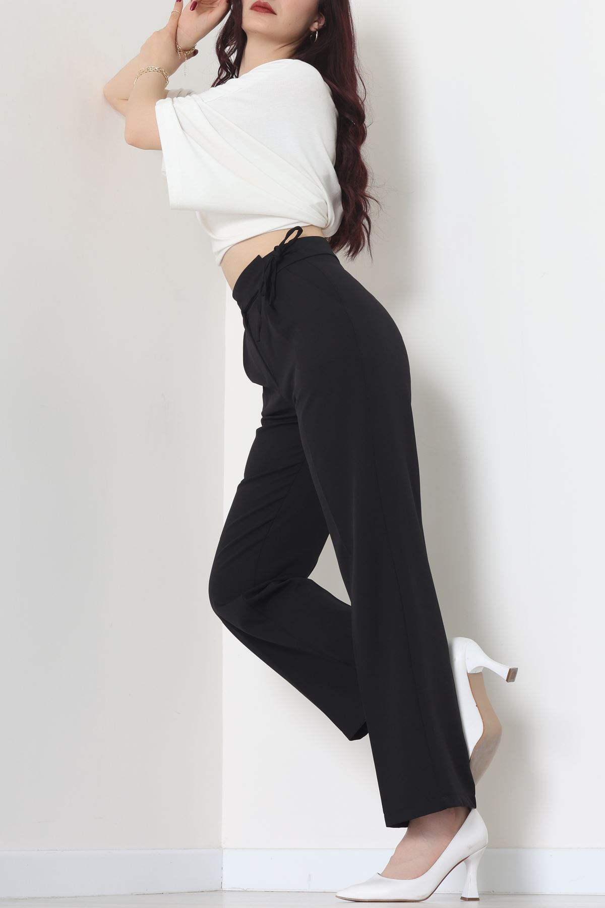 Double Kumaş İp Bağlamalı Palazzo Pantolon Siyah - 51268.683.