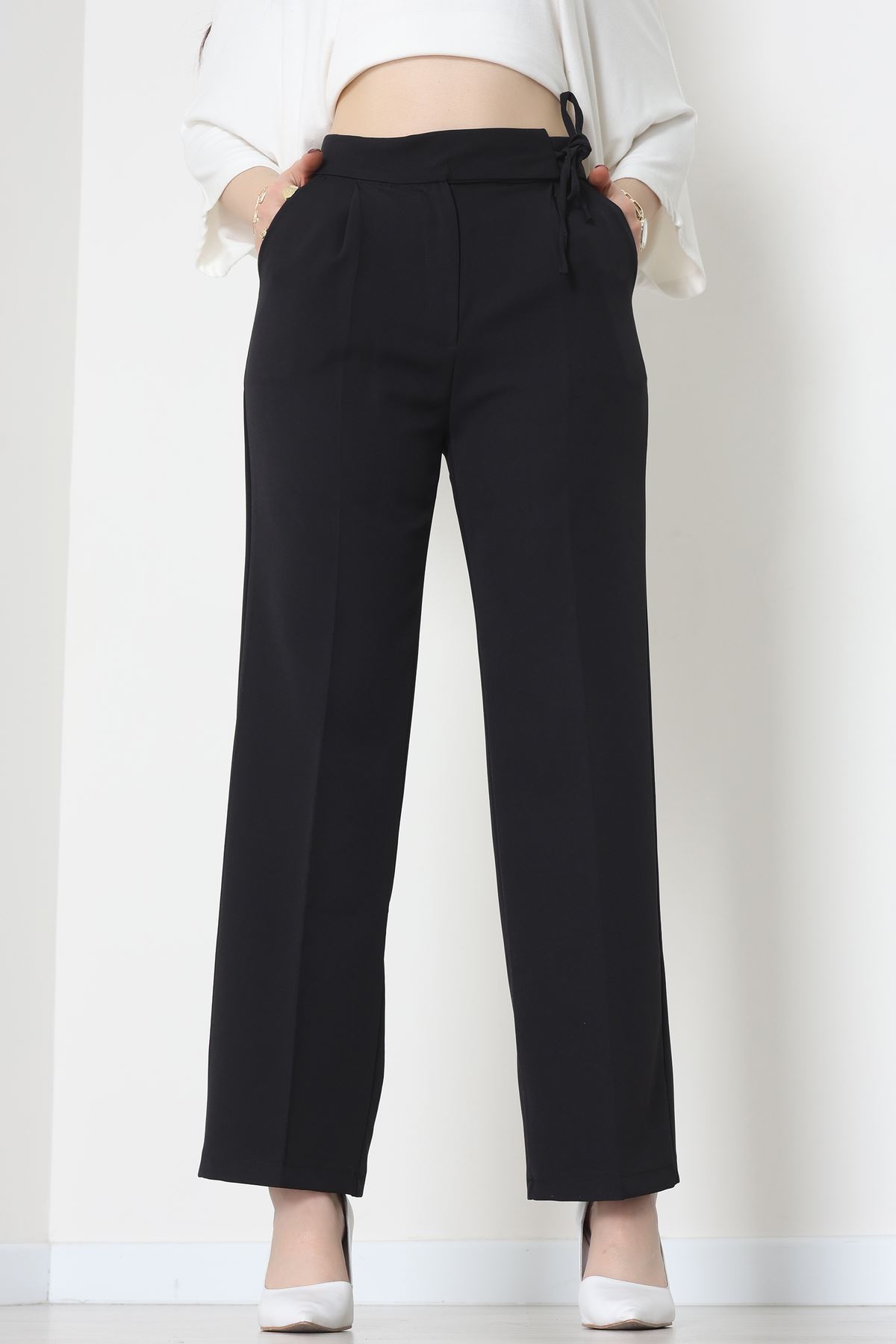 Double Kumaş İp Bağlamalı Palazzo Pantolon Siyah - 51268.683.