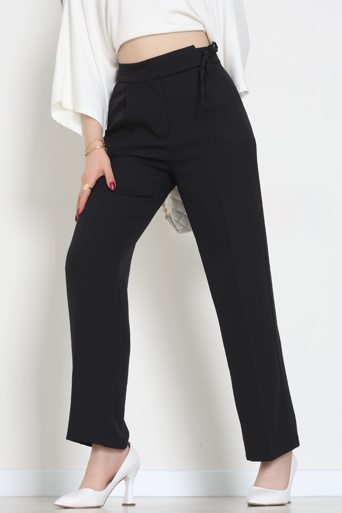 Double Kumaş İp Bağlamalı Palazzo Pantolon Siyah - 51268.683.