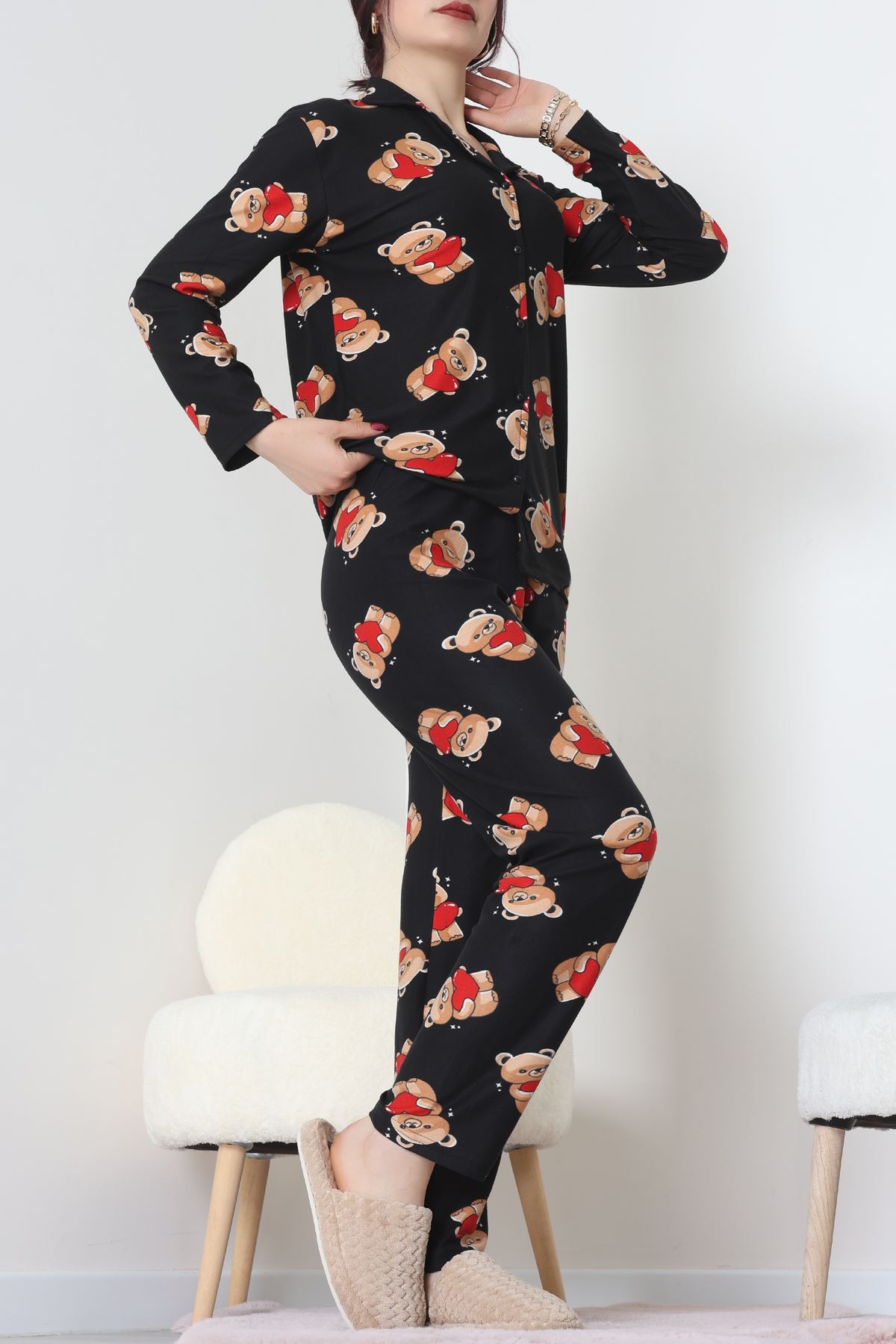 Süet Düğmeli Pijama Takımı Siyah - 55014.1048.