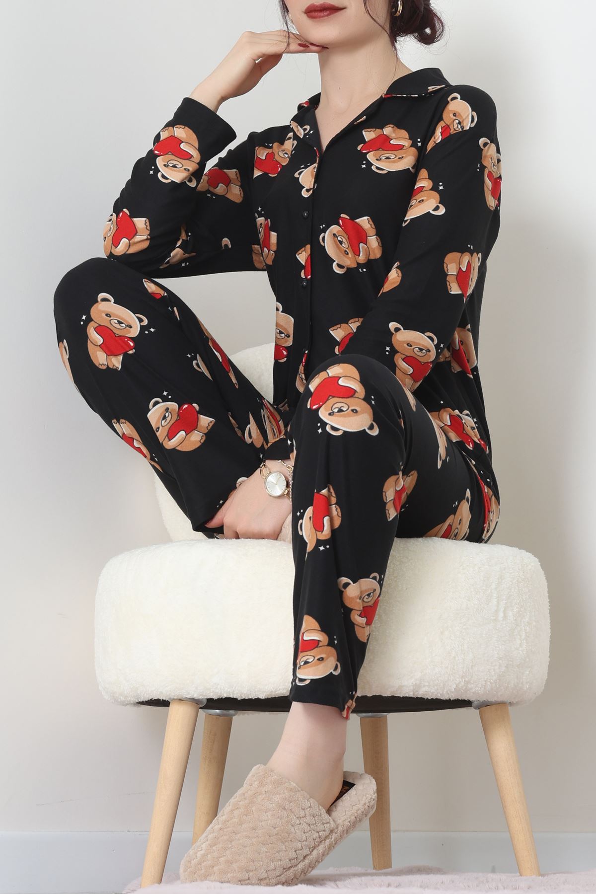 Süet Düğmeli Pijama Takımı Siyah - 55014.1048.