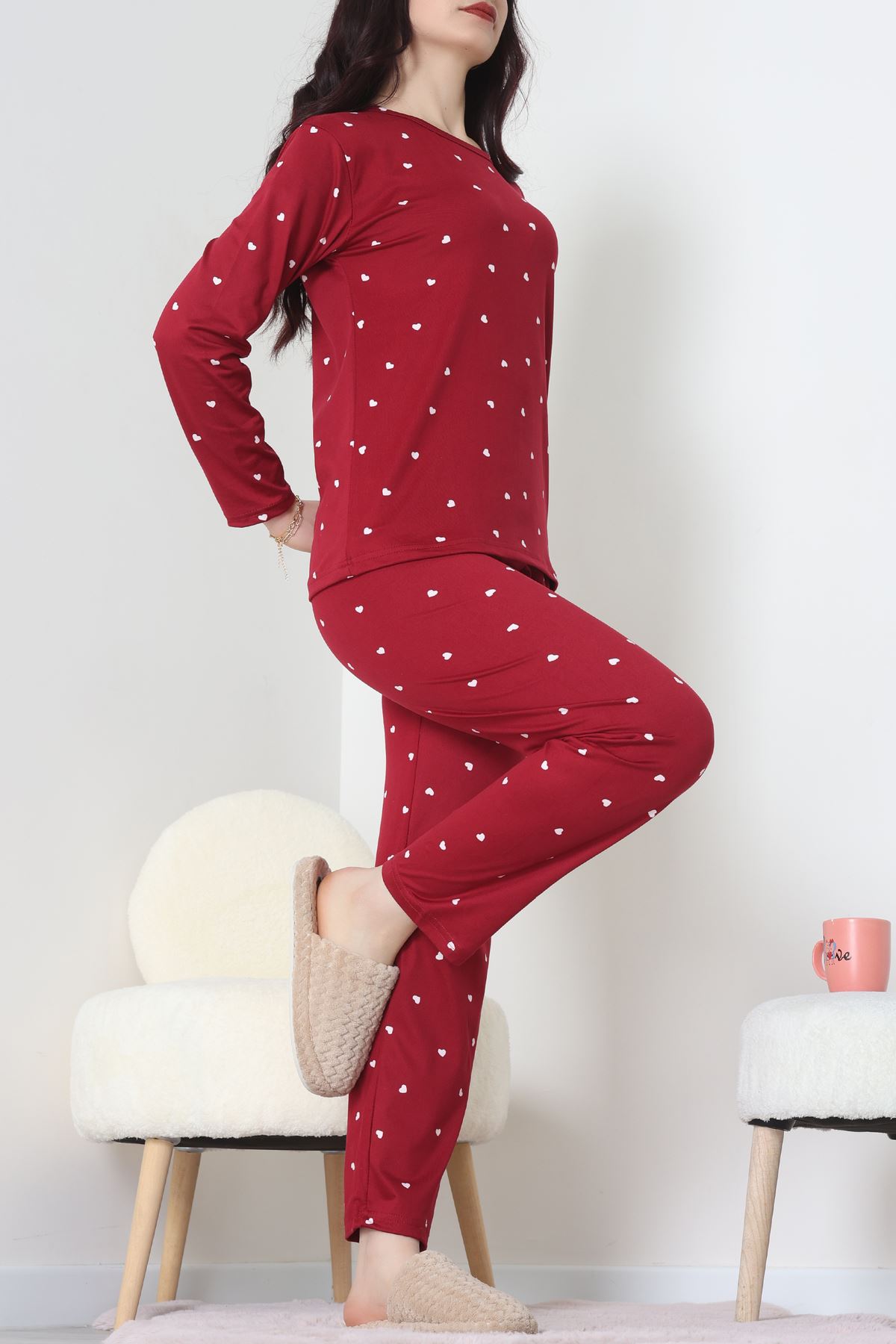 Sandy Alt Üst Aynı Pijama Takımı Bordobeyaz - 52166.1048.