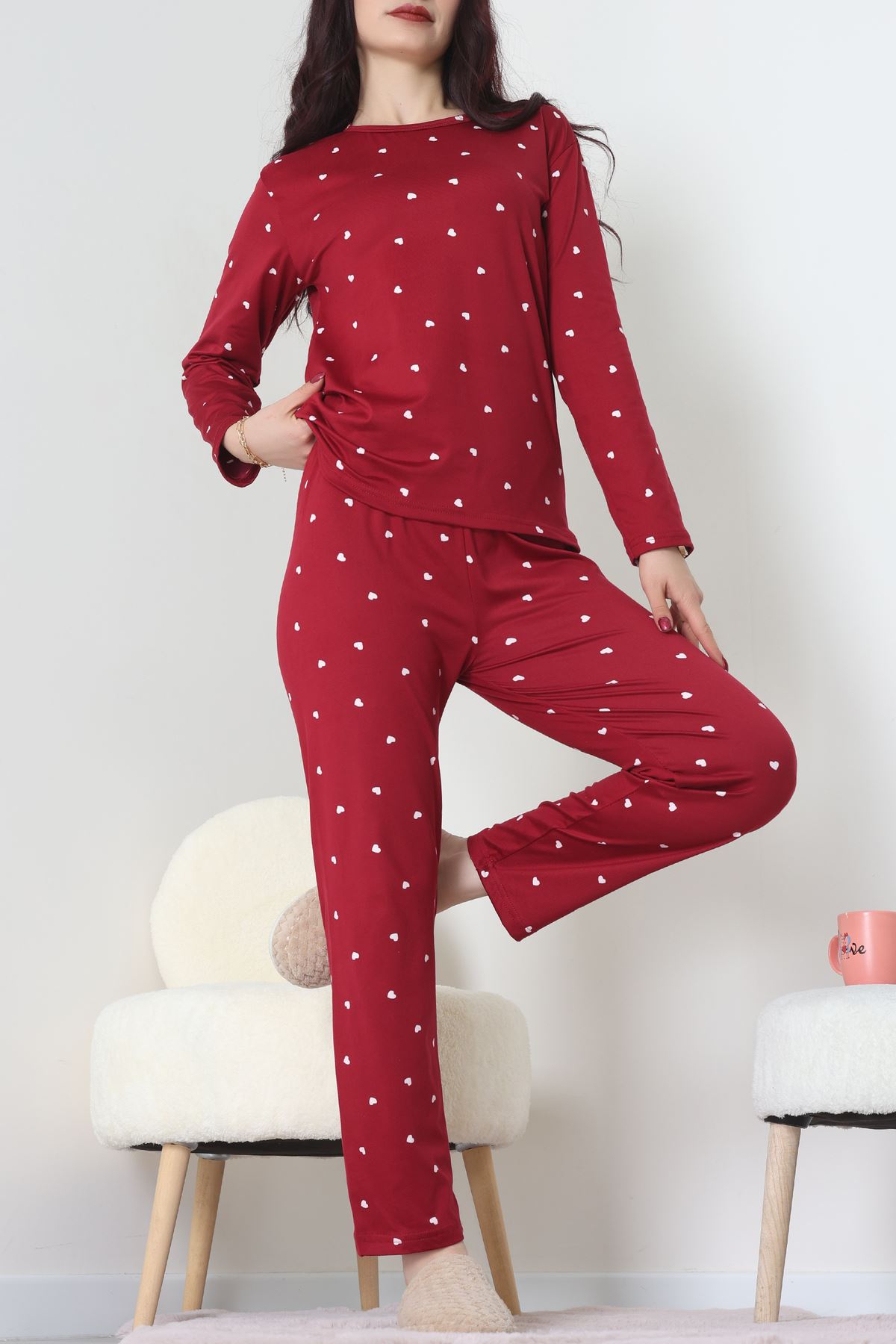 Sandy Alt Üst Aynı Pijama Takımı Bordobeyaz - 52166.1048.