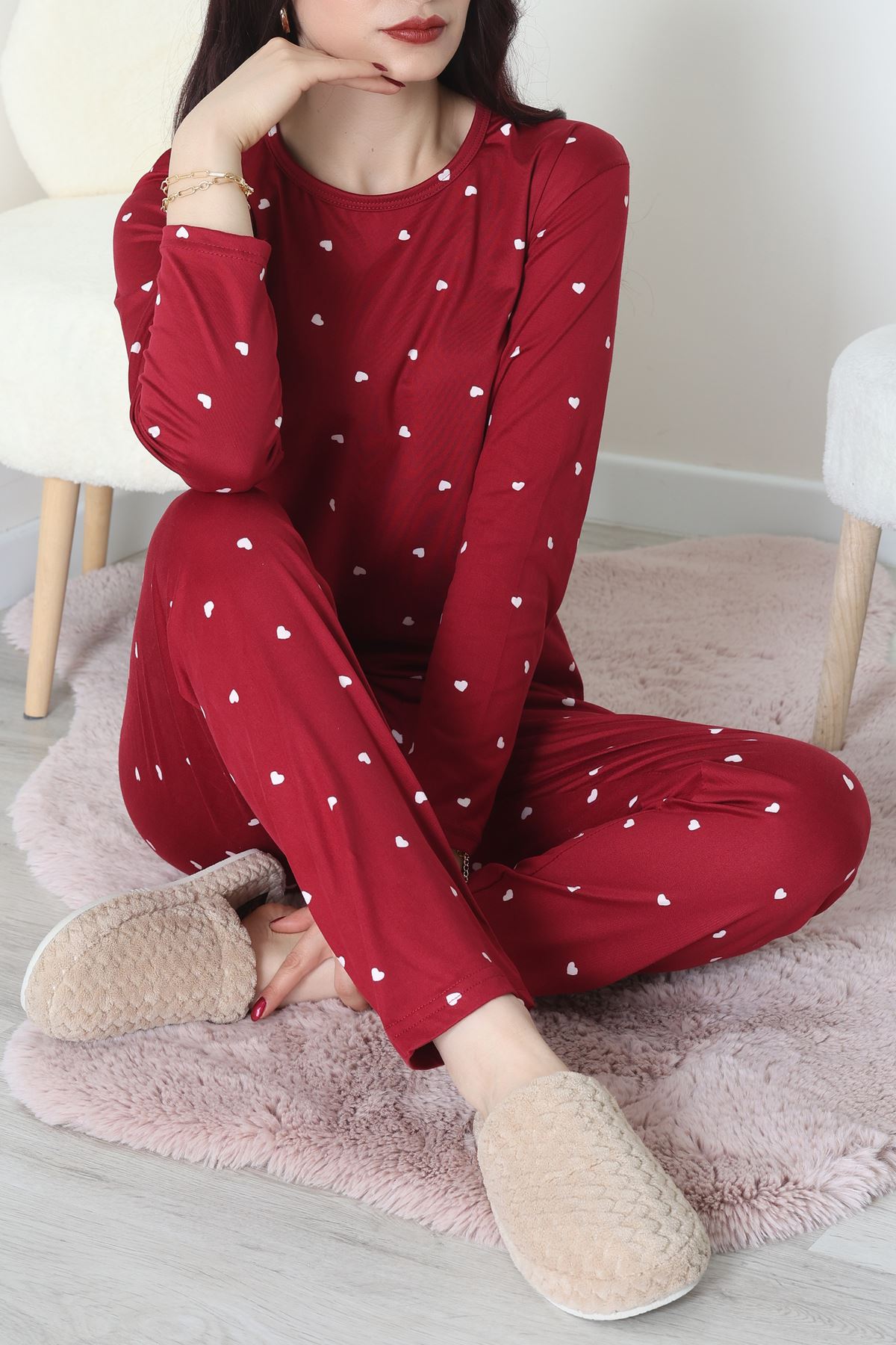 Sandy Alt Üst Aynı Pijama Takımı Bordobeyaz - 52166.1048.