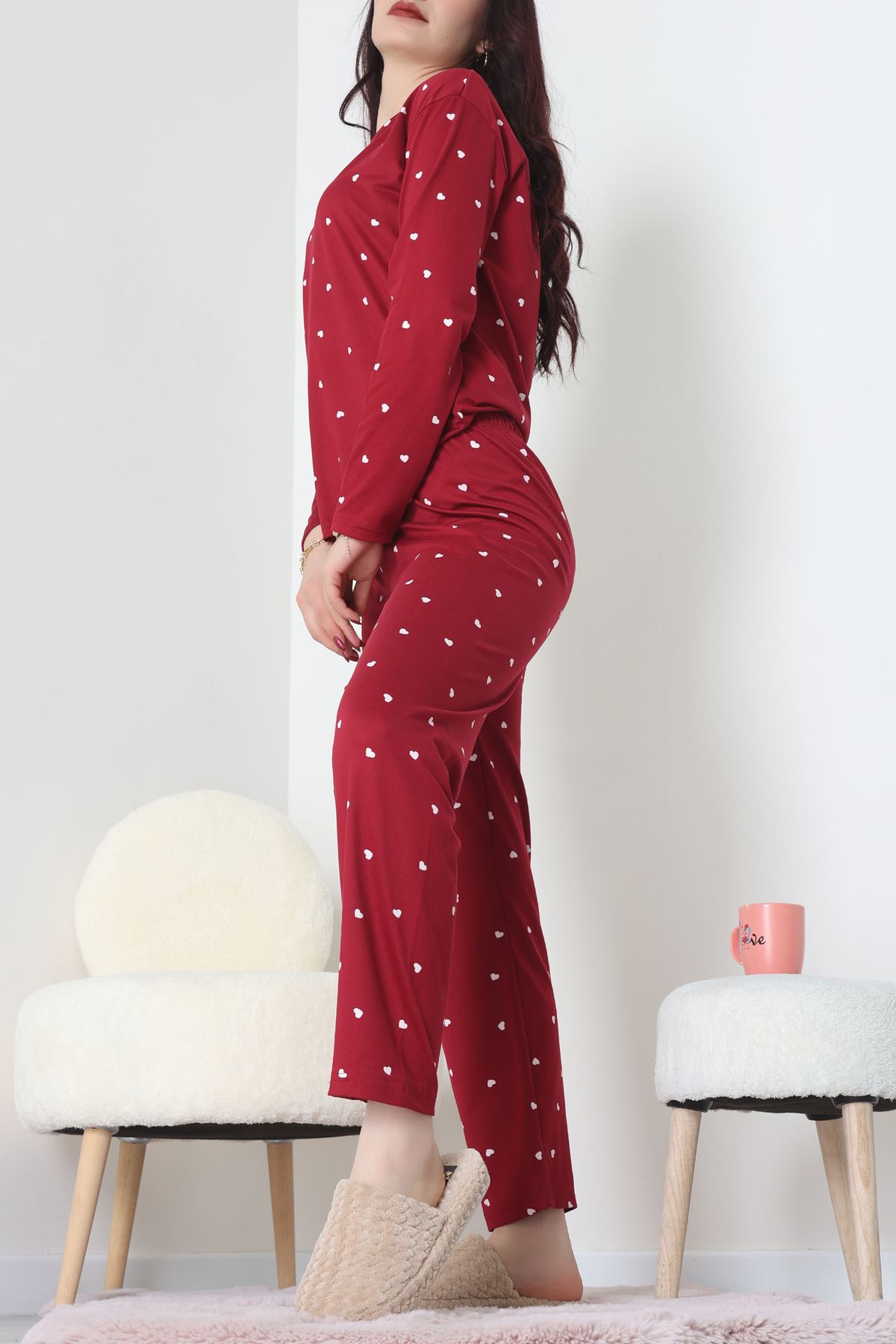 Sandy Alt Üst Aynı Pijama Takımı Bordobeyaz - 52166.1048.