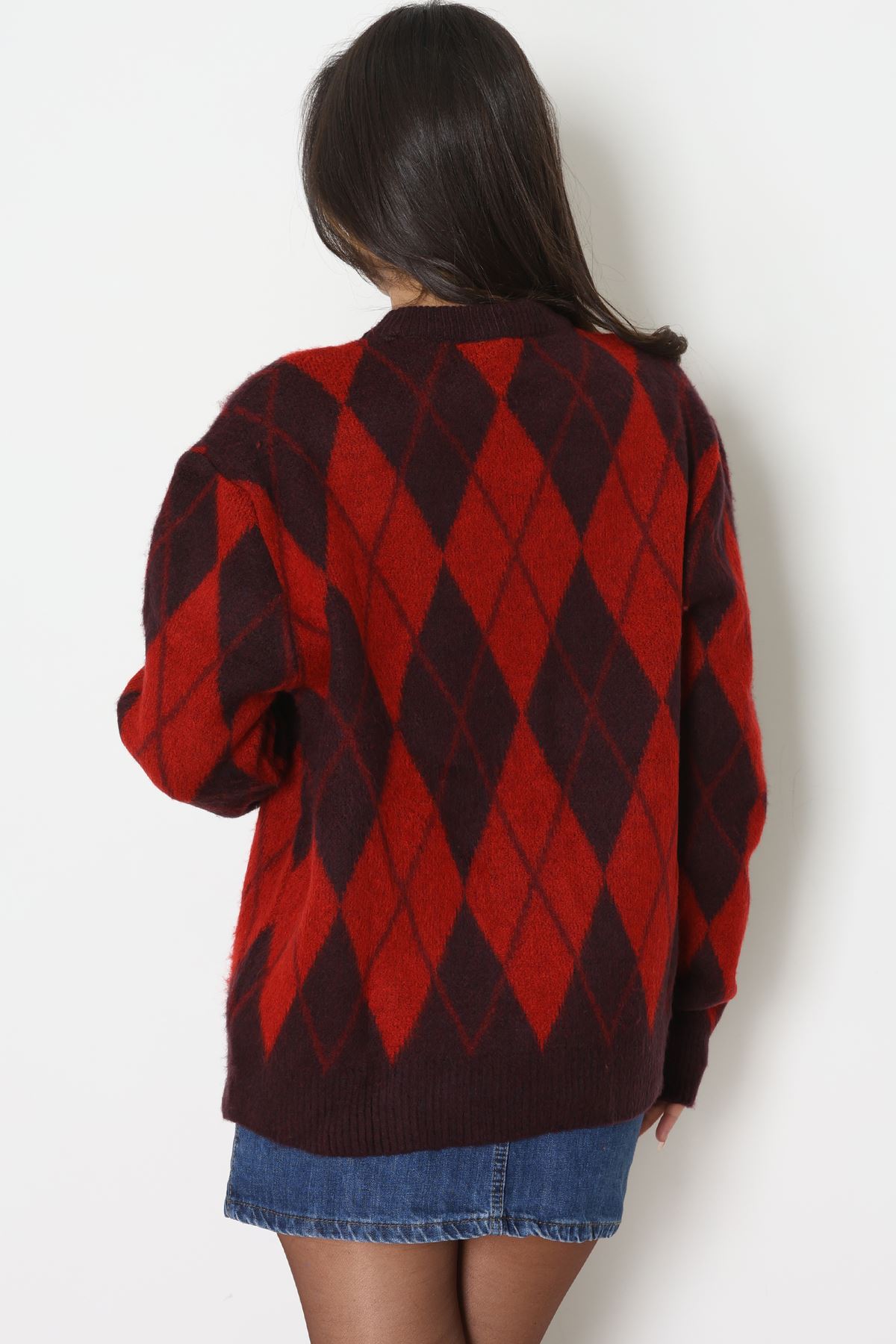 Baklava Dilimli Triko Kazak Mürdümkırmızı - 51263.1918.