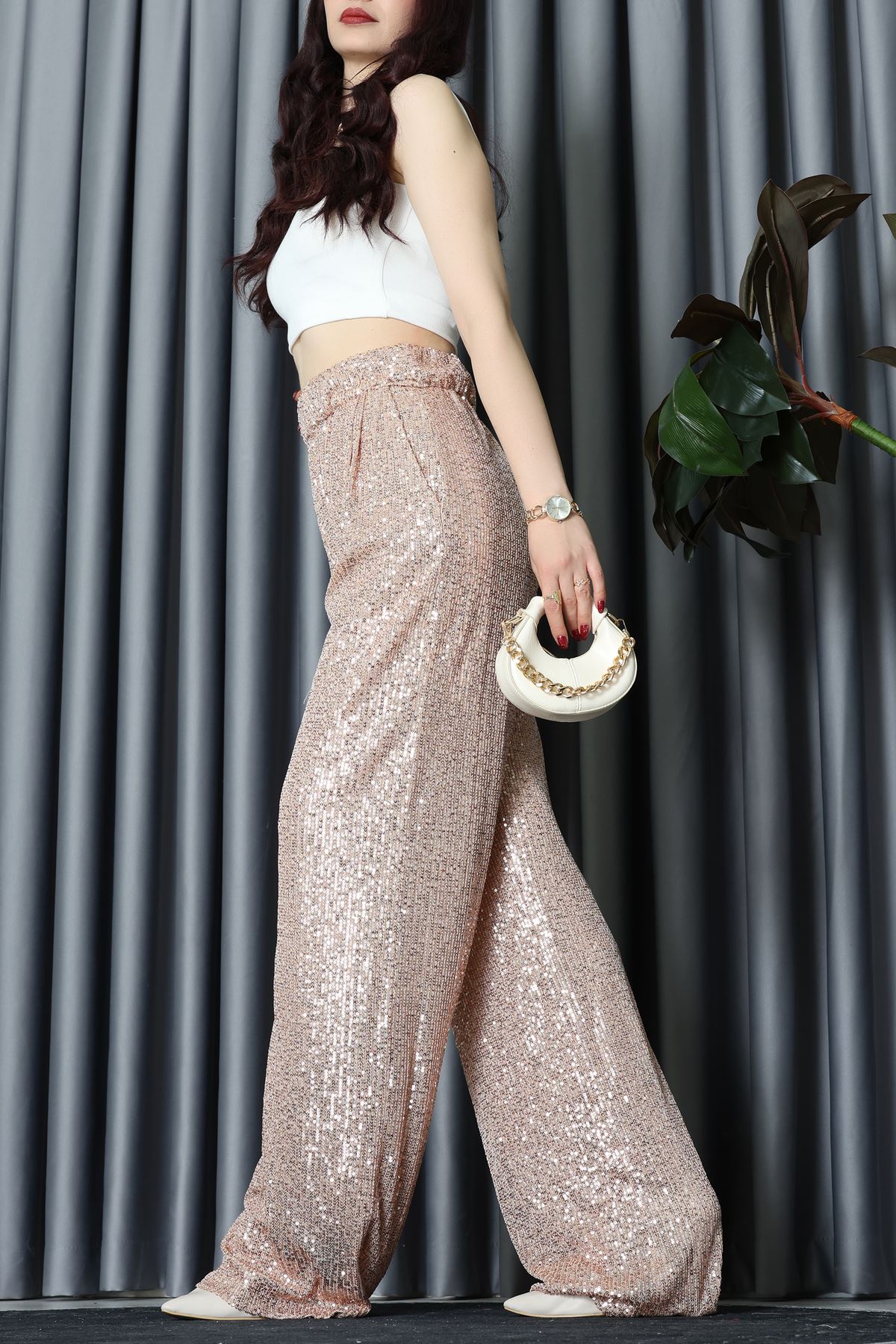 Bel Lastikli Payet Pantolon Bej - 31104.444.