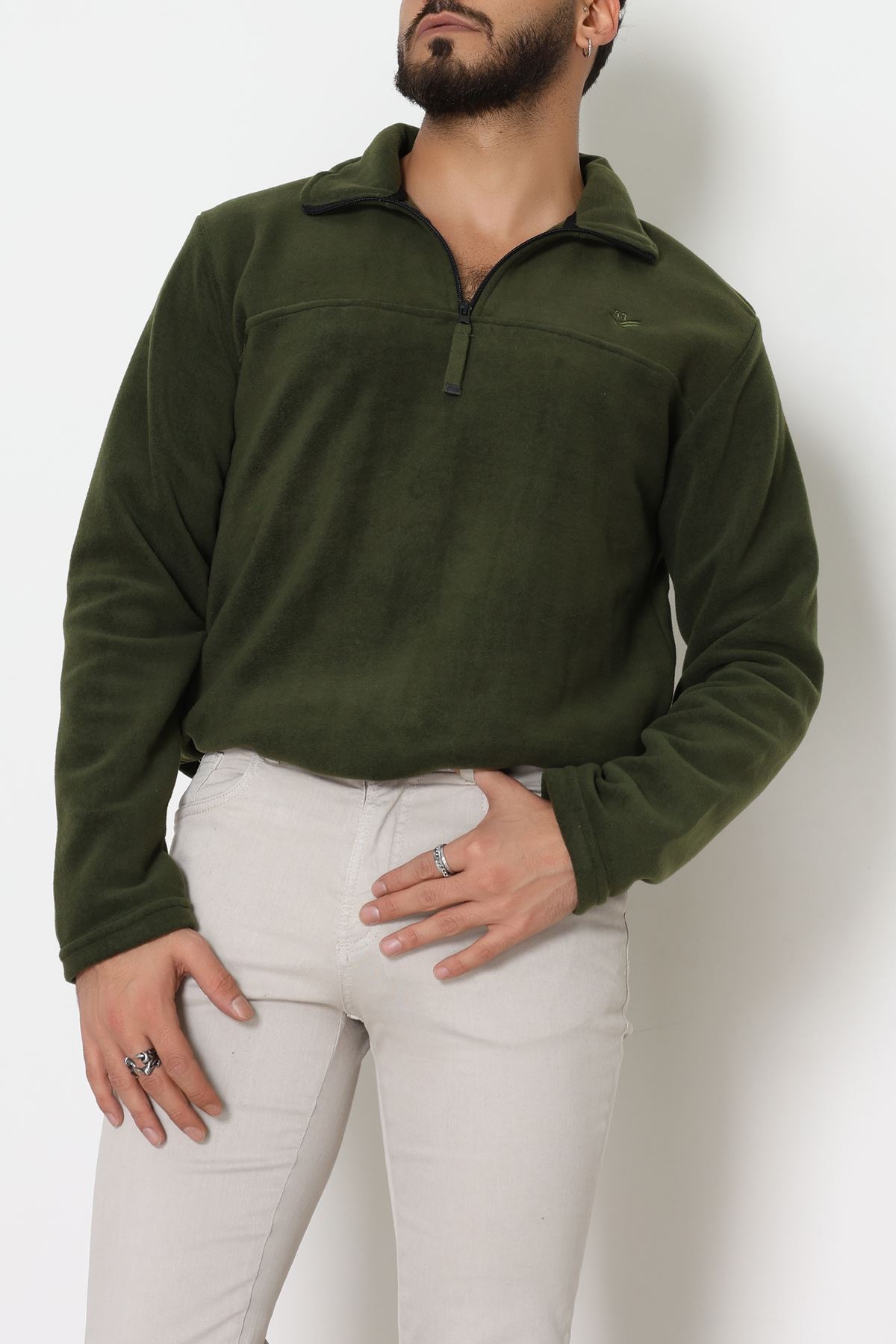 Yakası Fermuarlı Polar Erkek Sweat Haki - 51269.1937.