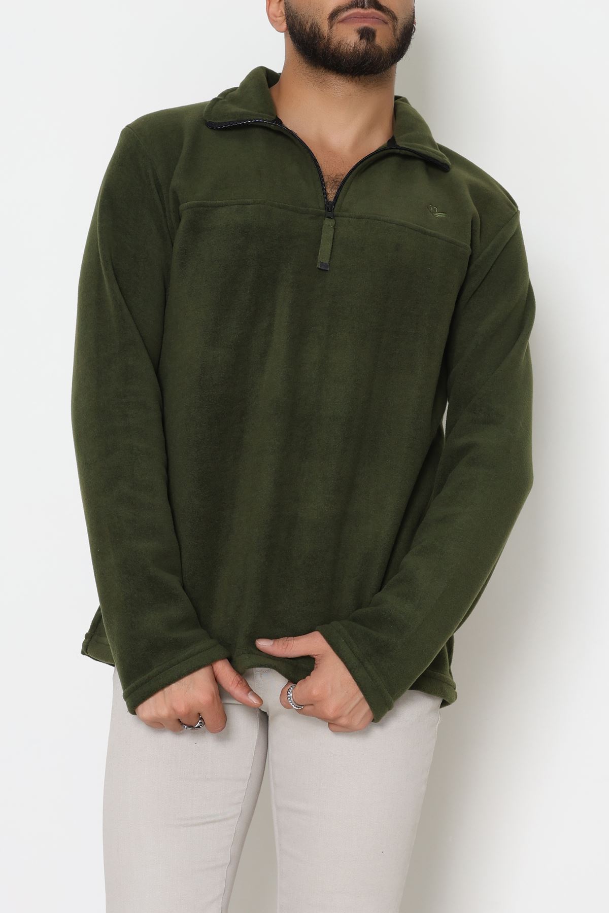 Yakası Fermuarlı Polar Erkek Sweat Haki - 51269.1937.