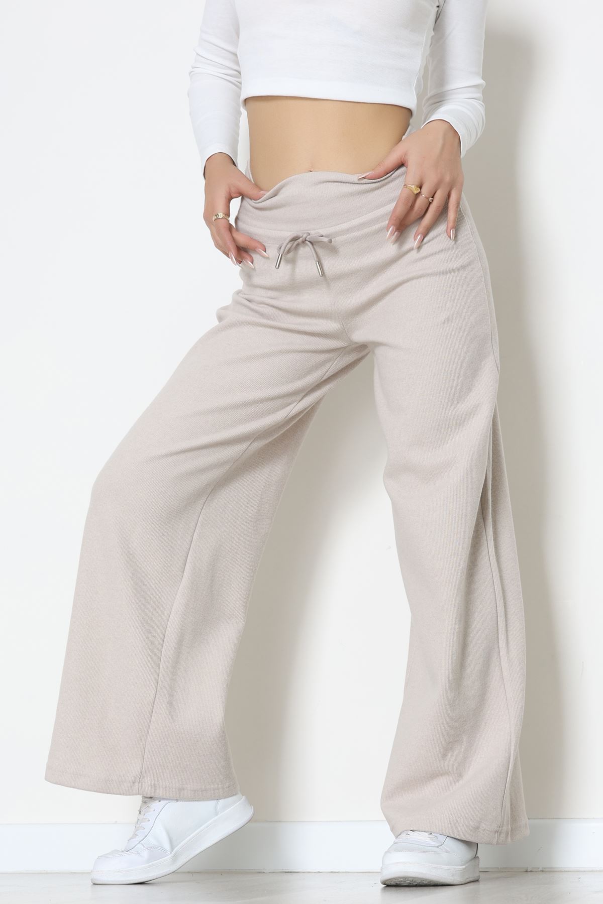 Selanik Kumaş Lastikli Palazzo Pantolon Bej - 51227.1567.