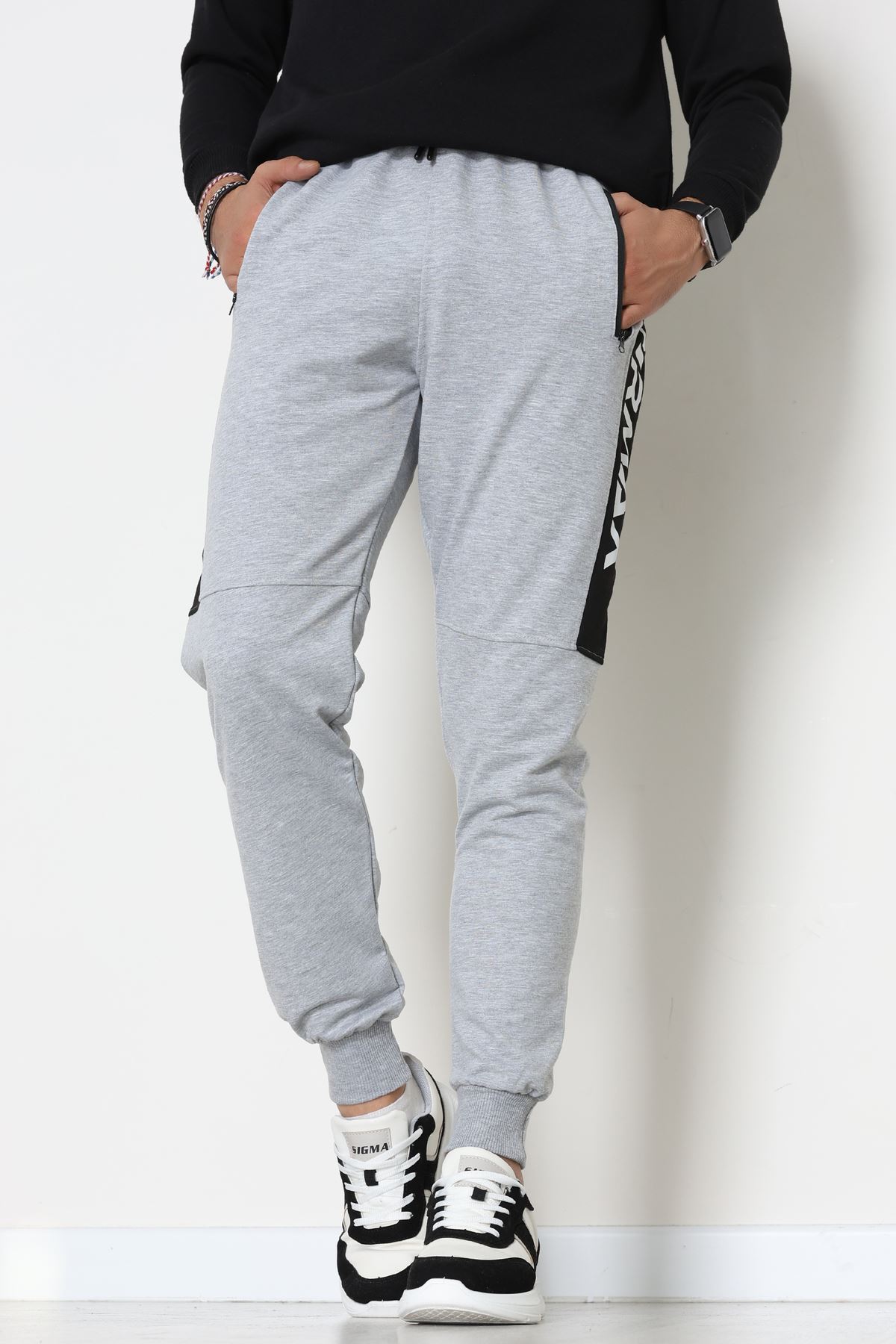 2 İplik Baskılı Cep Fermuar Detaylı Eşofman Altı Gri - 70836.2066.