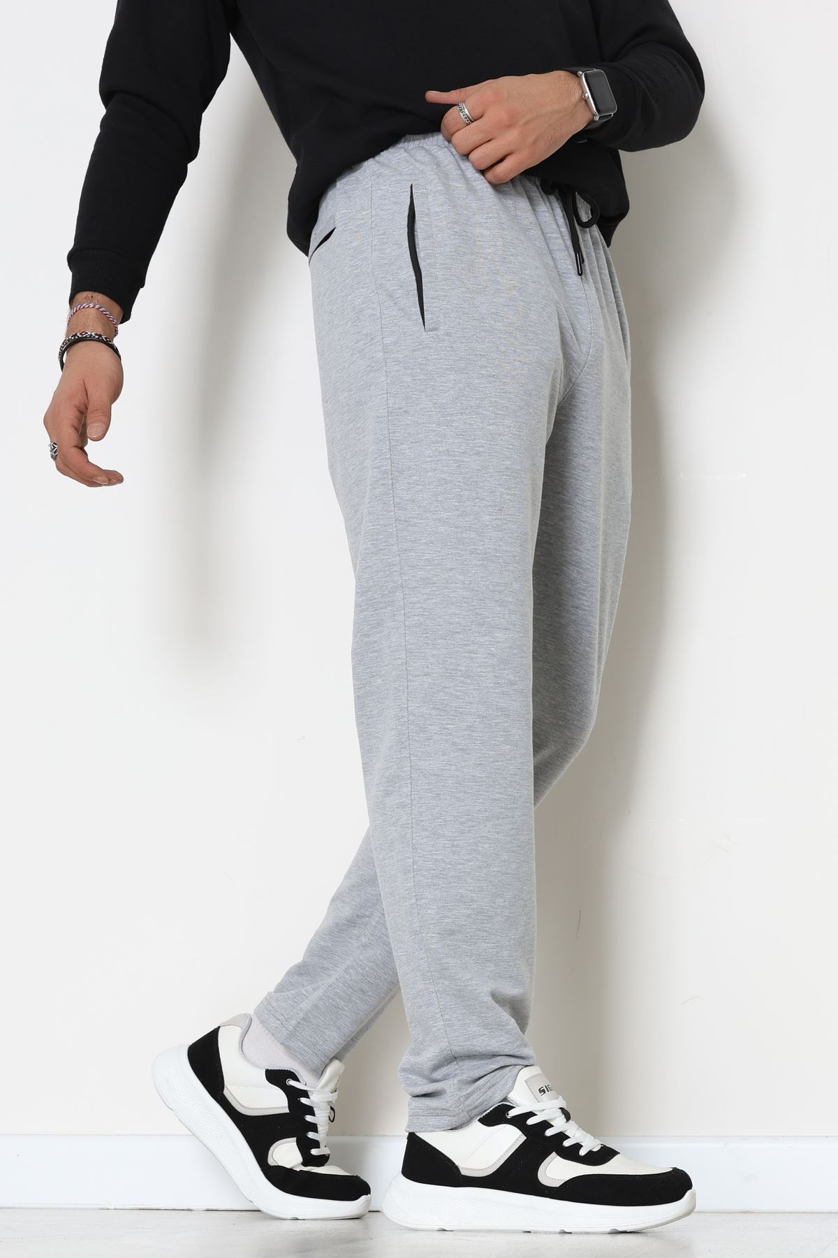 2 İplik Nakışlı Cep Fermuar Detaylı Erkek Eşofman Altı Gri - 70838.2066.