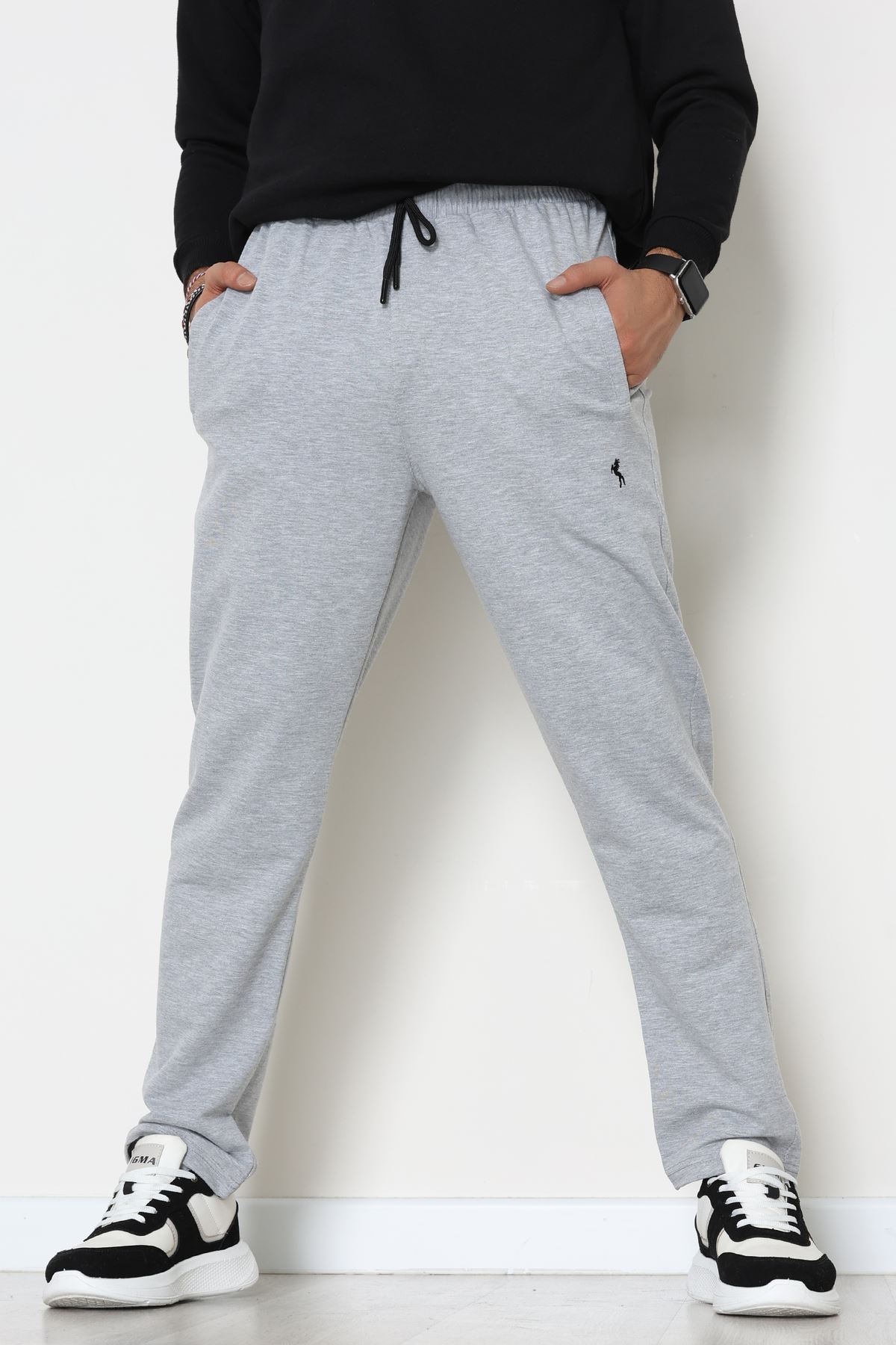 2 İplik Nakışlı Cep Fermuar Detaylı Erkek Eşofman Altı Gri - 70838.2066.