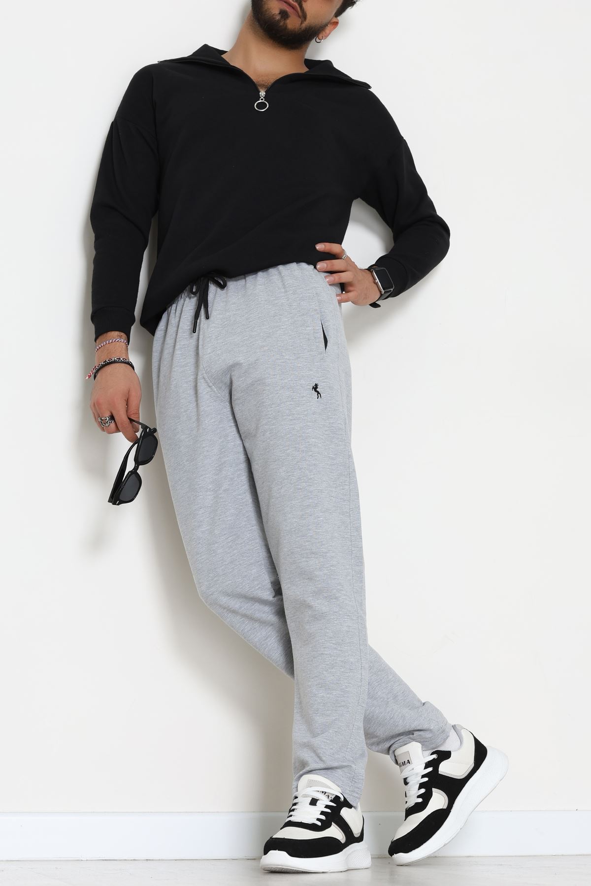 2 İplik Nakışlı Cep Fermuar Detaylı Erkek Eşofman Altı Gri - 70838.2066.