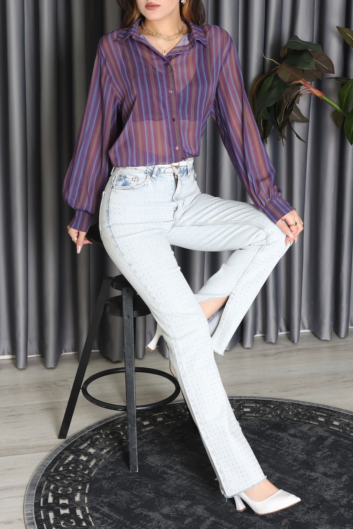 Kolları Bombeli Gömlek Mor - 80740.444.