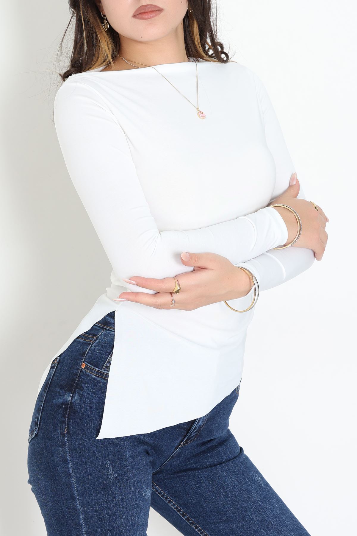 Sandy Yandan Drapeli Asimetrik Bluz Ekru - 42801.1949.