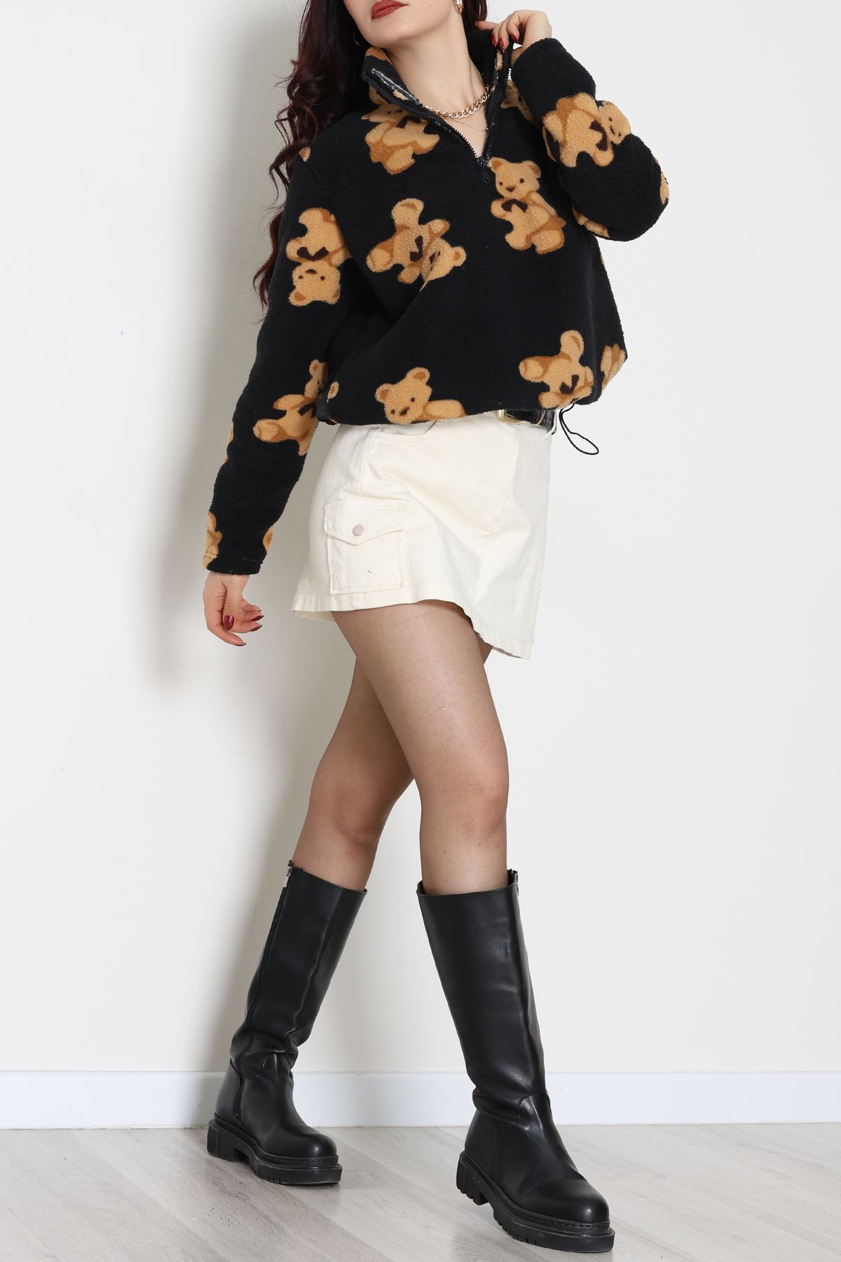 Yarım Fermuarlı Peluş Sweat Siyah - 31713.1247.