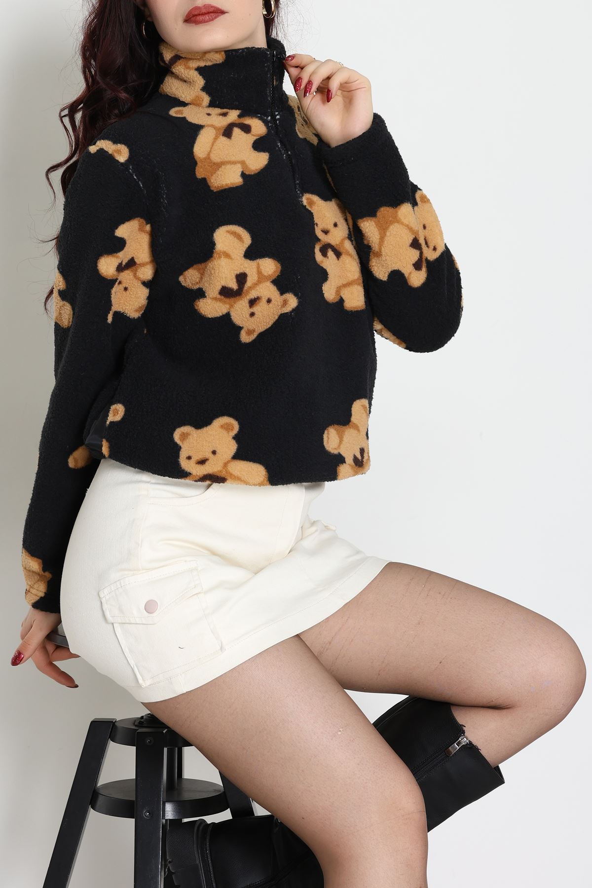 Yarım Fermuarlı Peluş Sweat Siyah - 31713.1247.