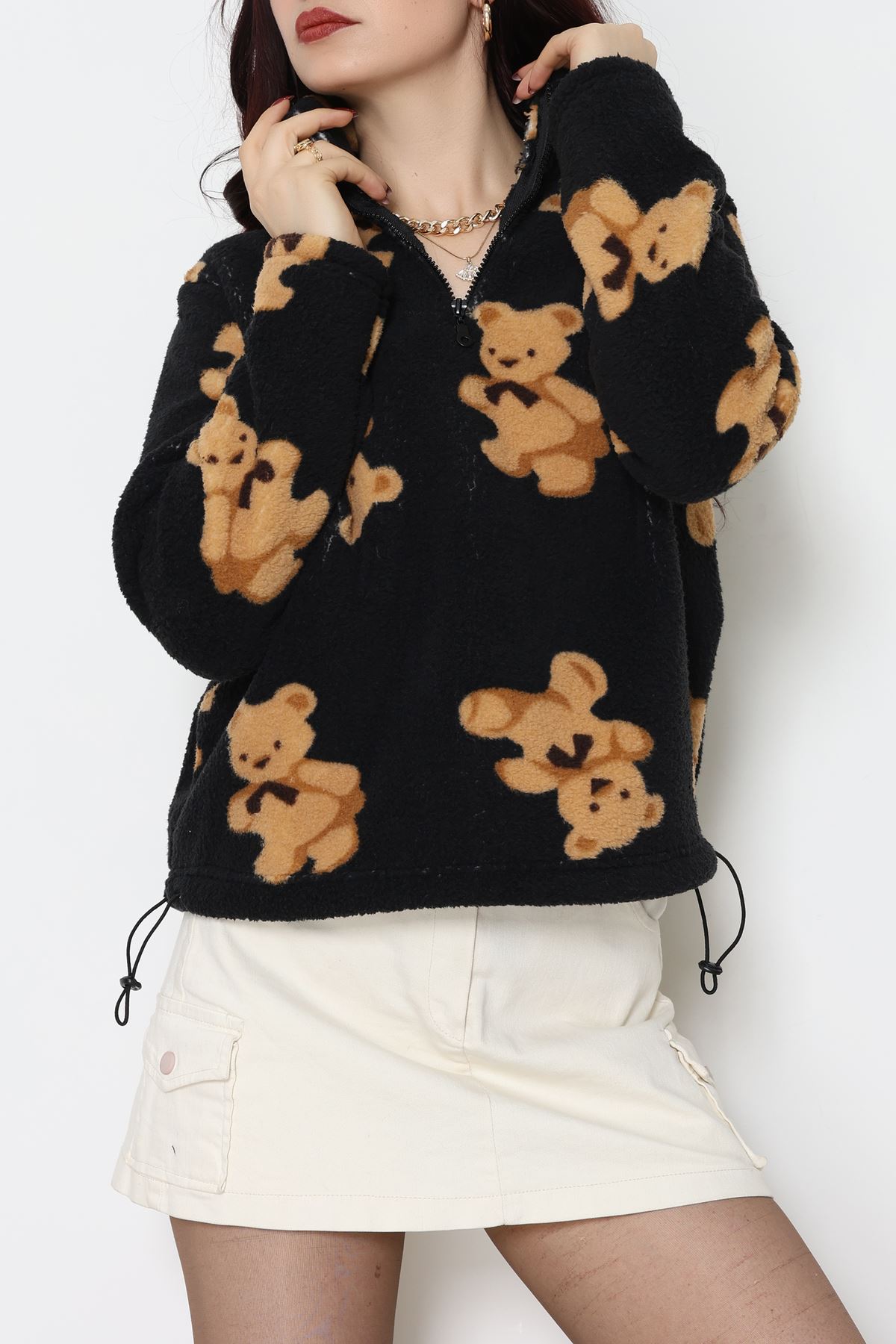 Yarım Fermuarlı Peluş Sweat Siyah - 31713.1247.