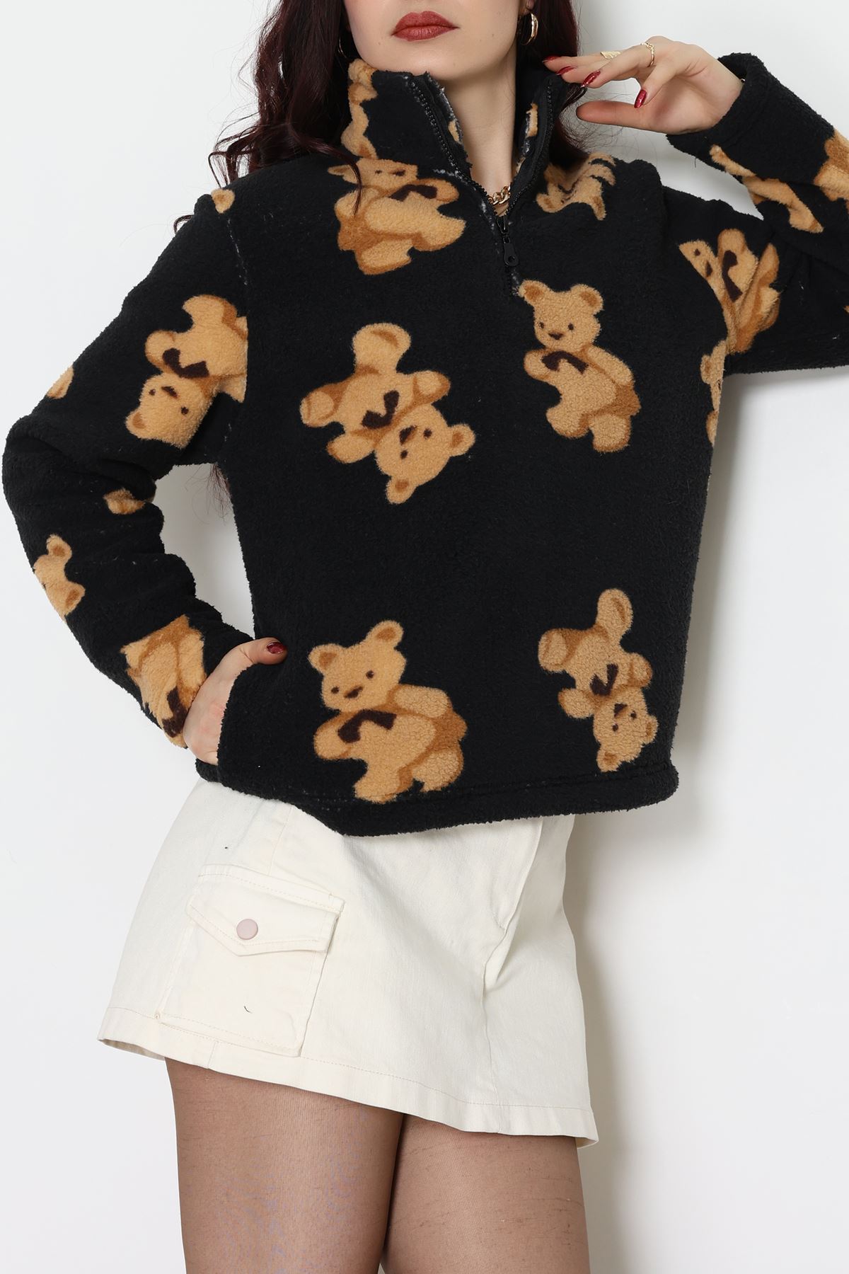 Yarım Fermuarlı Peluş Sweat Siyah - 31713.1247.
