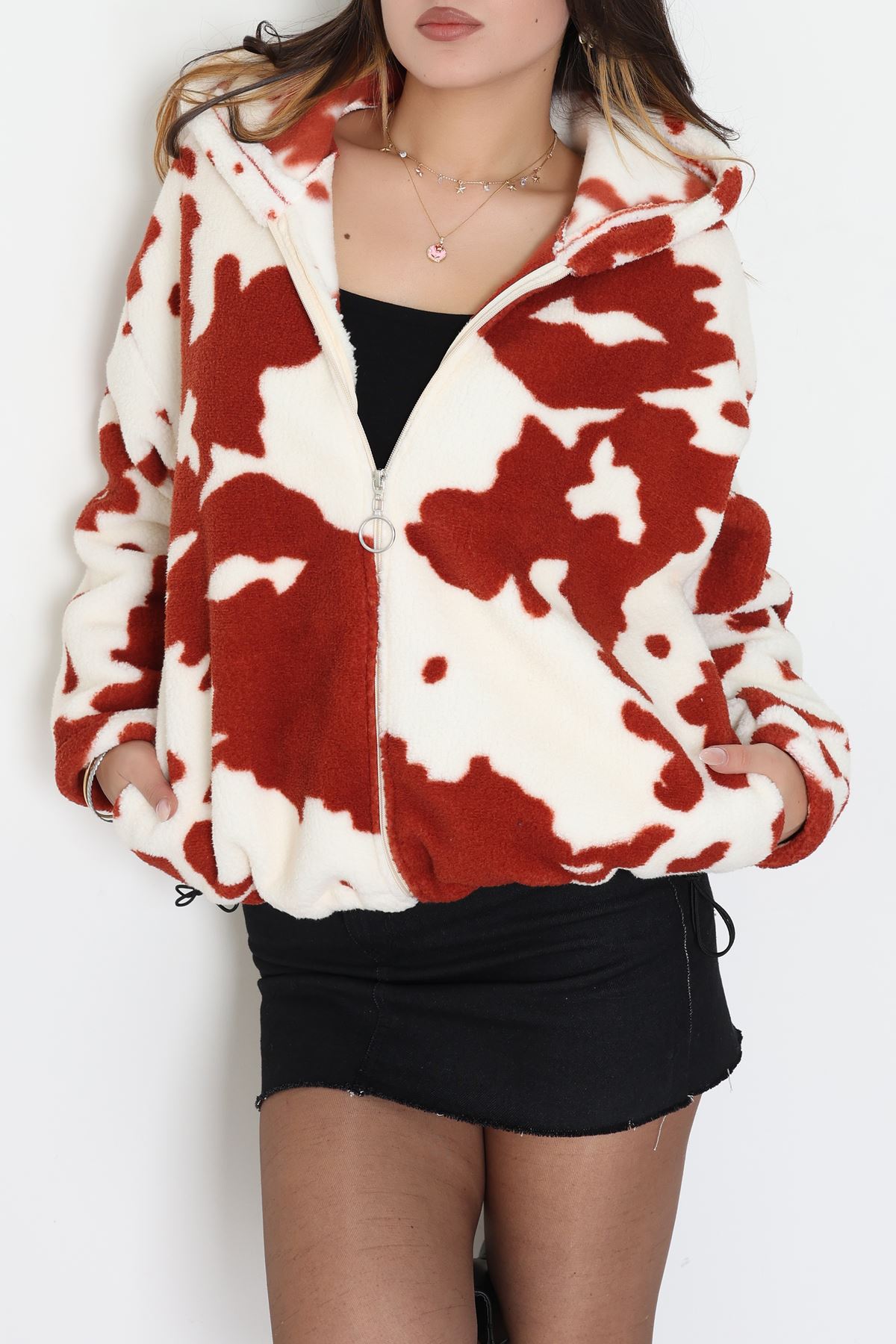 Baskılı Kapşonlu Polar Ceket Ekrukiremit - 31711.1247.