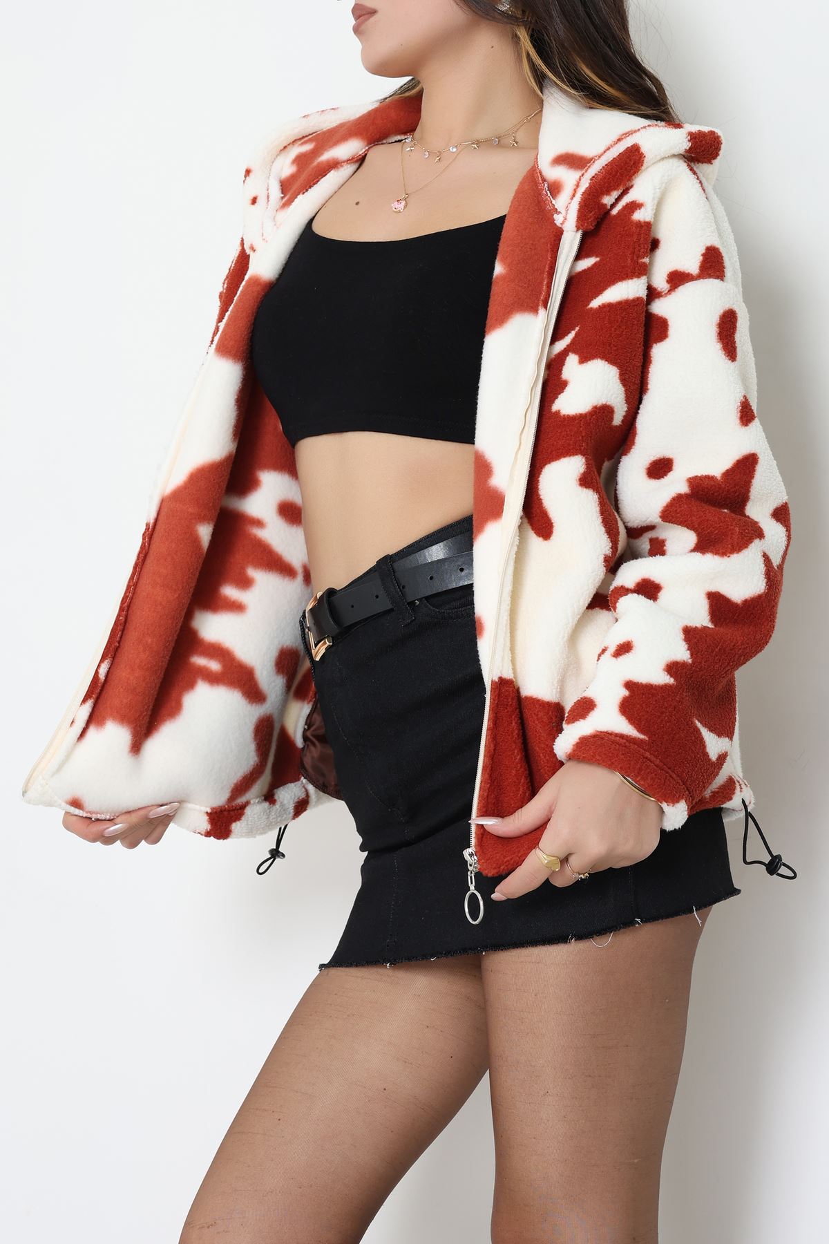 Baskılı Kapşonlu Polar Ceket Ekrukiremit - 31711.1247.