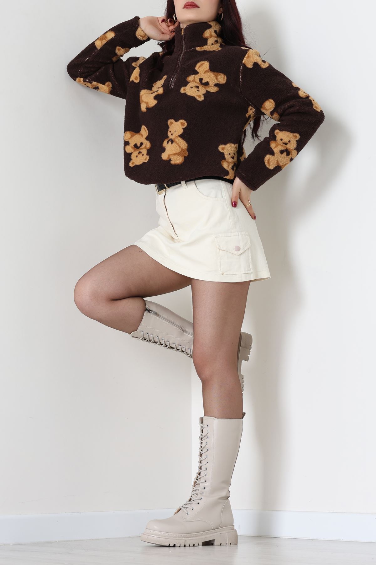 Yarım Fermuarlı Peluş Sweat Kahve - 31713.1247.