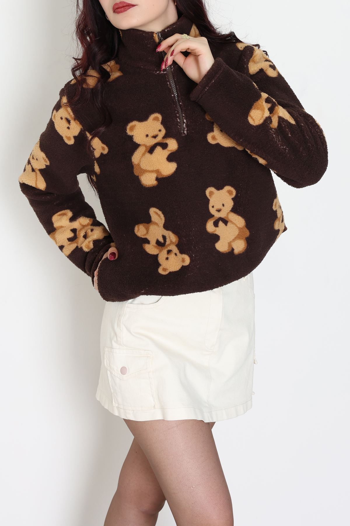Yarım Fermuarlı Peluş Sweat Kahve - 31713.1247.