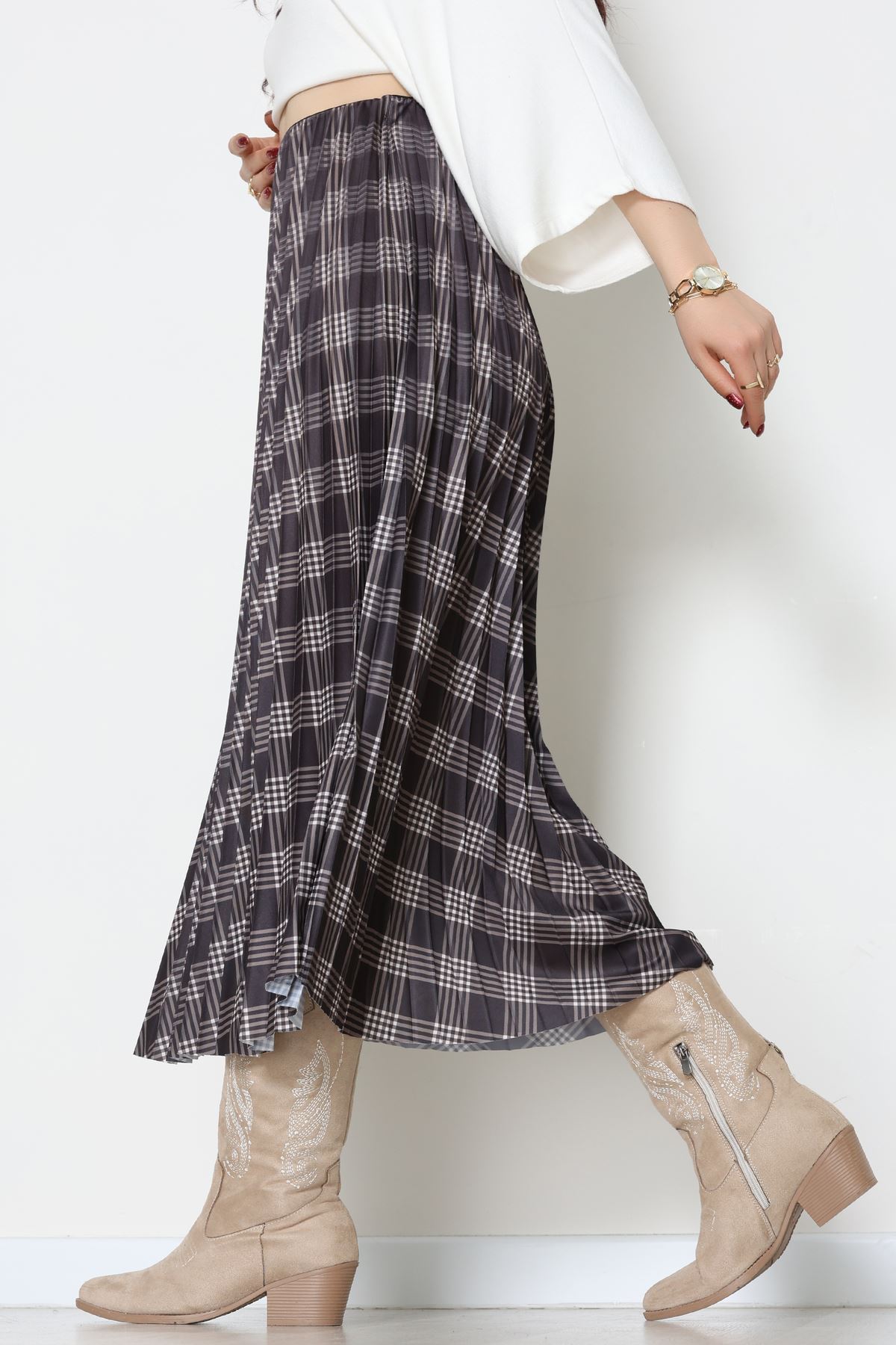 Laklı Denye Piliseli Ekose Etek Füme - 51252.2036.