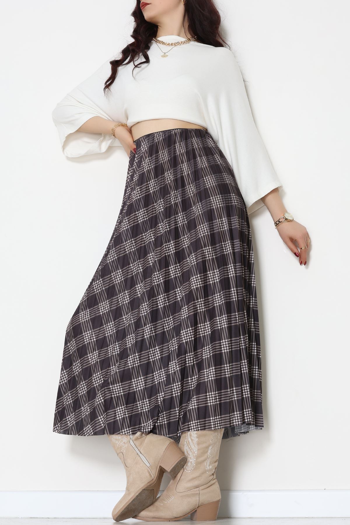 Laklı Denye Piliseli Ekose Etek Füme - 51252.2036.