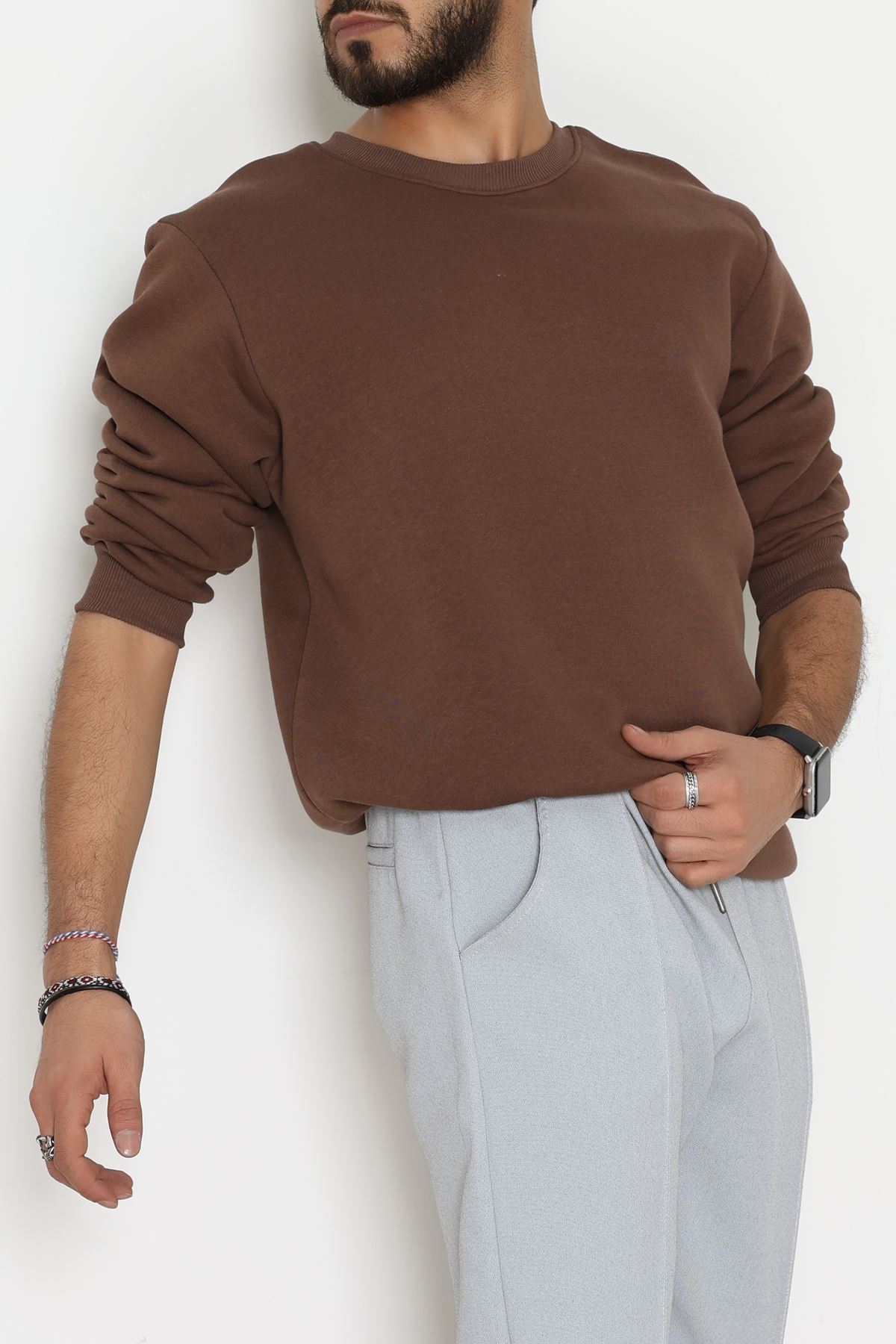 Bisiklet Yaka Şardonlu 3 İplik Erkek Sweat Kahve - 42574.1878.