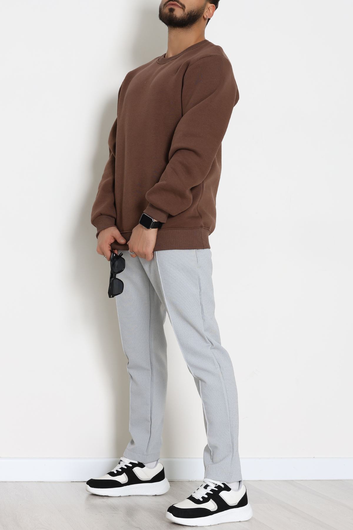 Bisiklet Yaka Şardonlu 3 İplik Erkek Sweat Kahve - 42574.1878.