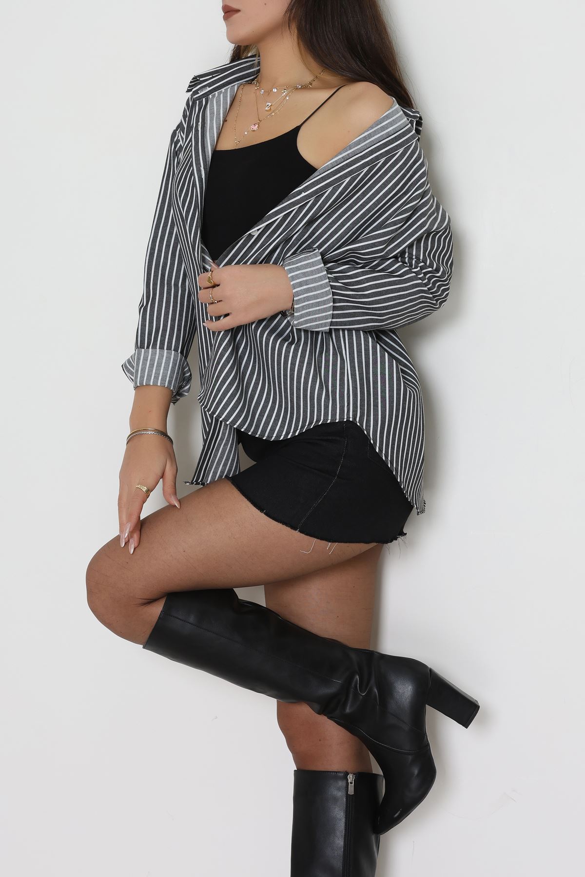 Pamuk Polyester Çizgili Oversize Gömlek Fümebeyaz - 51052.147.