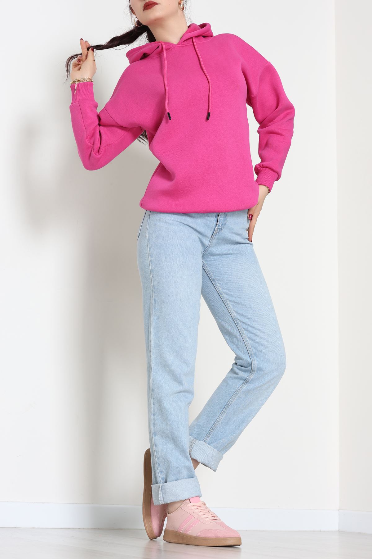 3 İplik Kapşonlu Sweat Fuşya - 20074.1878.