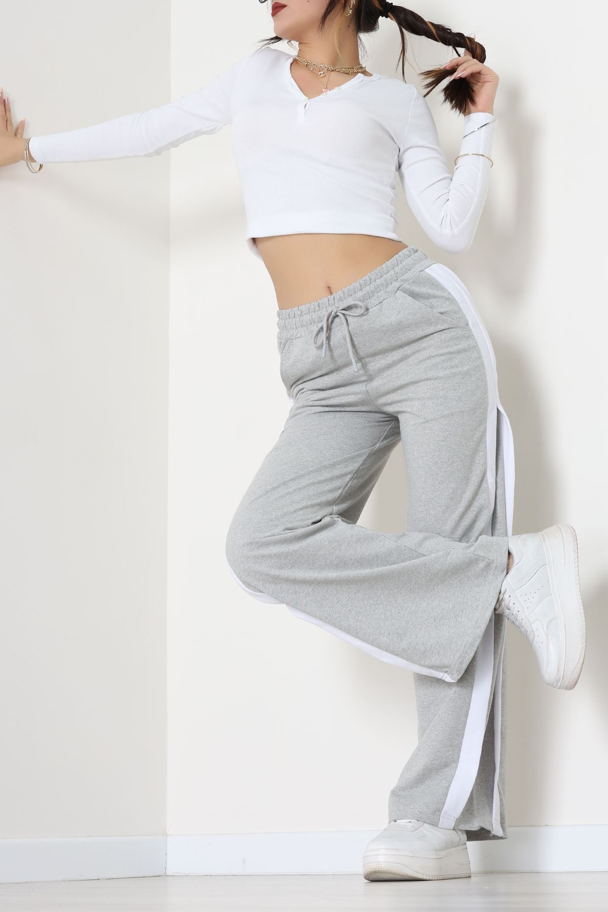 2 İplik Şeritli Eşofman Altı Gri - 52050.1857.