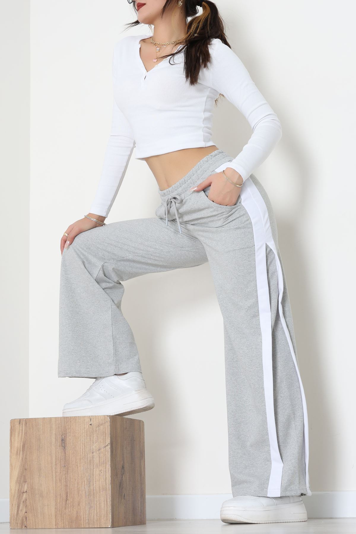 2 İplik Şeritli Eşofman Altı Gri - 52050.1857.