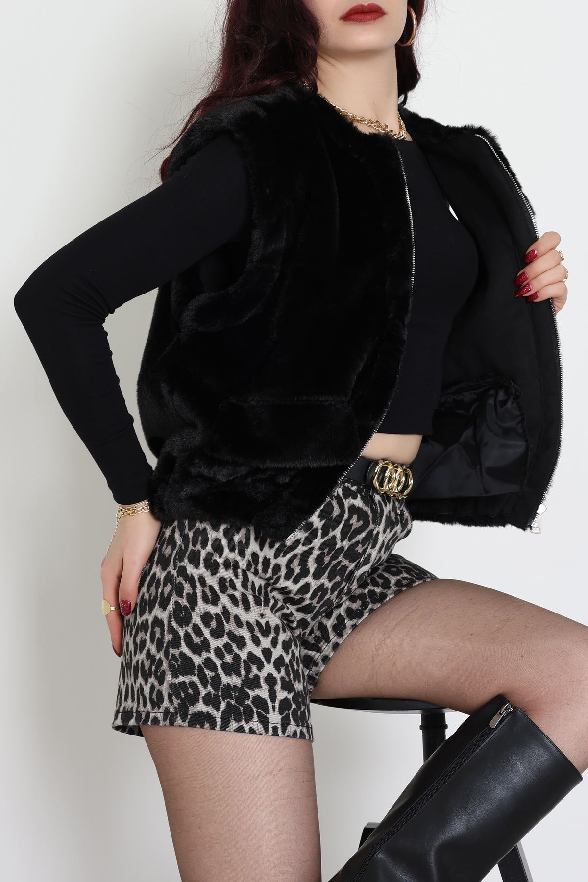 Astarlı Peluş Yelek Siyah - 6319.001.