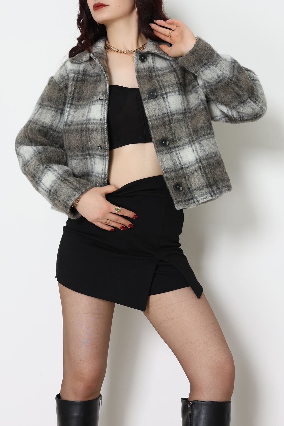 Yün Crop Astarlı Kaban Gri - 6321.001.