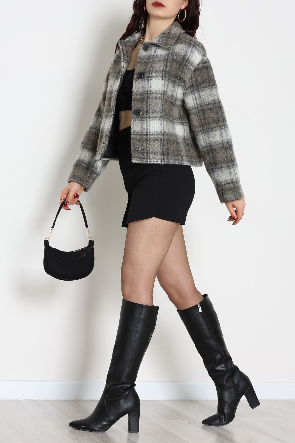 Yün Crop Astarlı Kaban Gri - 6321.001.