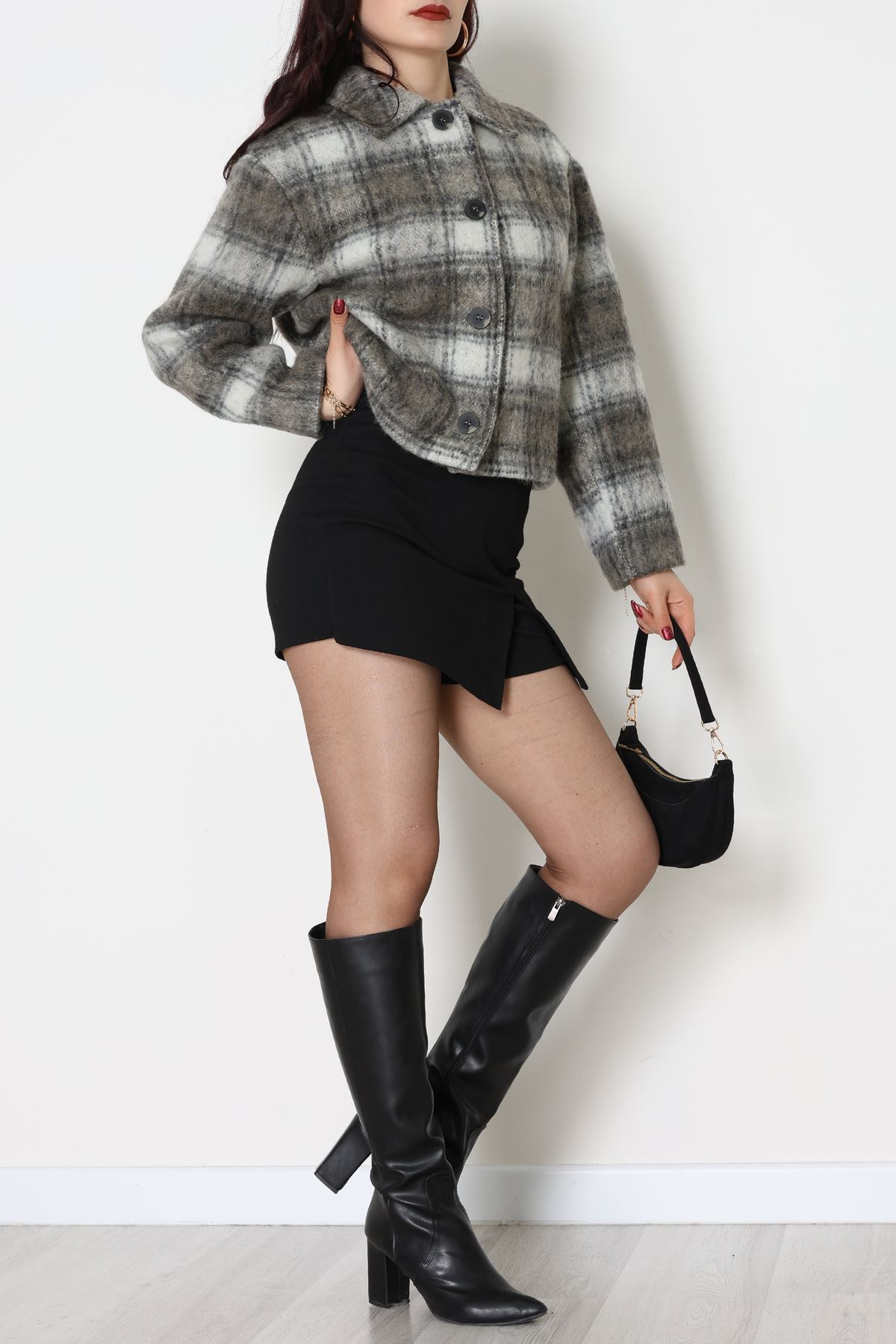 Yün Crop Astarlı Kaban Gri - 6321.001.