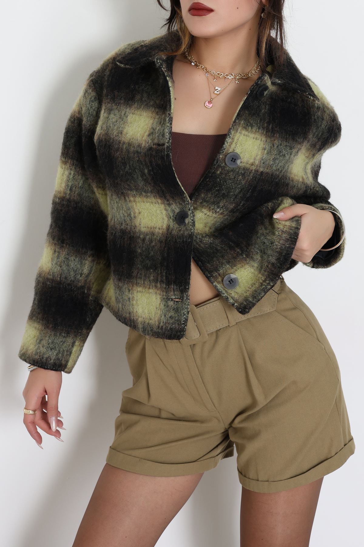 Yün Crop Astarlı Kaban Yeşil - 6321.001.