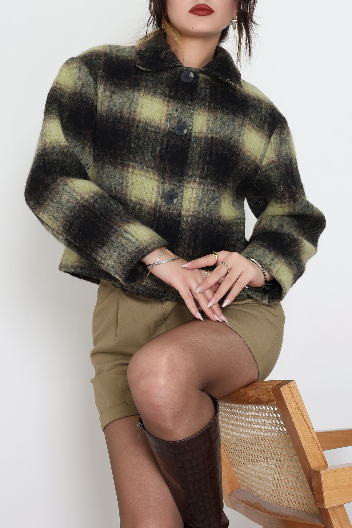 Yün Crop Astarlı Kaban Yeşil - 6321.001.