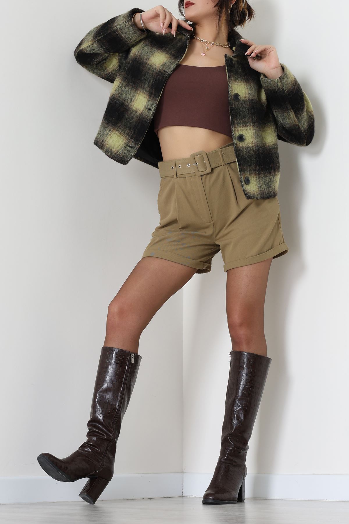 Yün Crop Astarlı Kaban Yeşil - 6321.001.