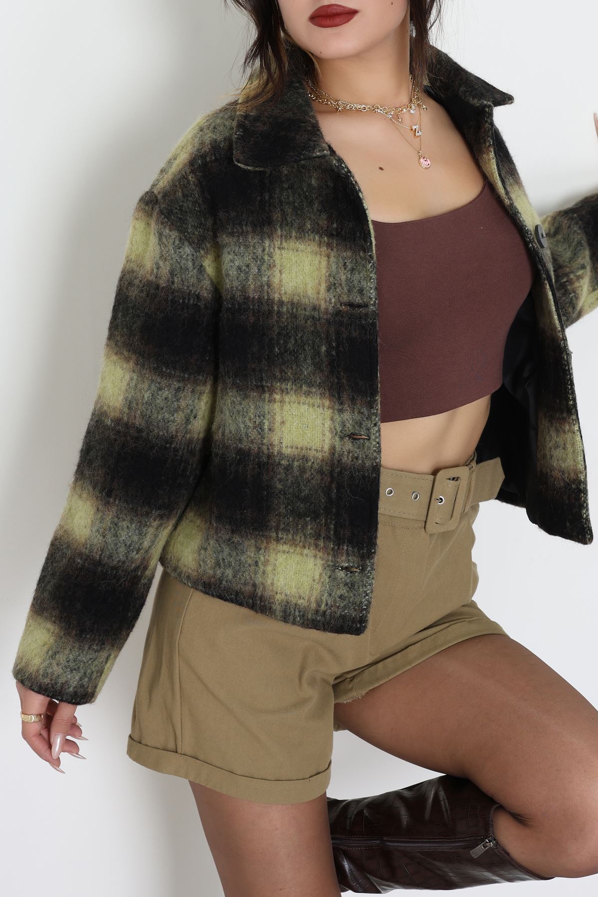 Yün Crop Astarlı Kaban Yeşil - 6321.001.