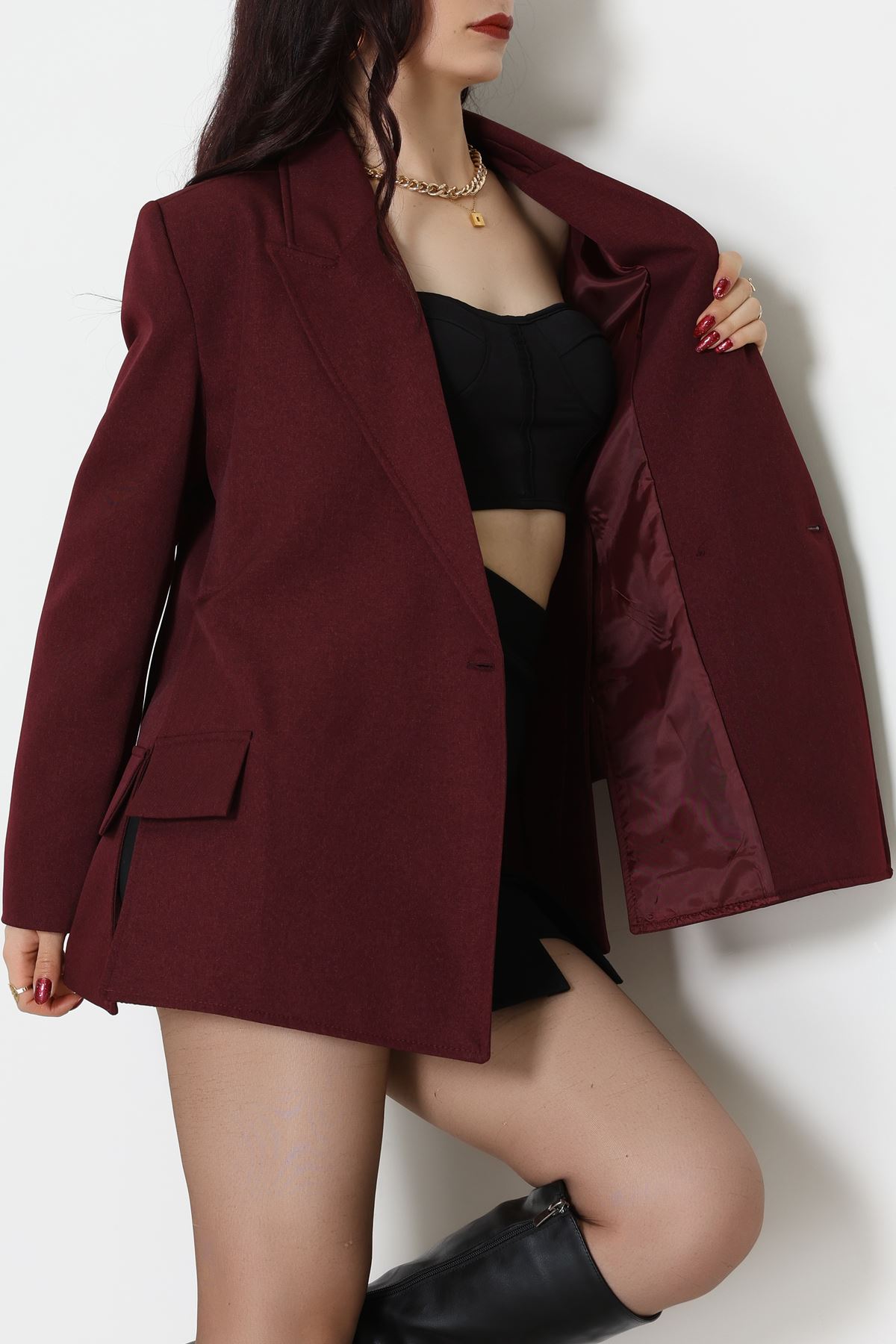 Yandan Yırtmaçlı Astarlı Blazer Ceket Bordo - 6326.001.