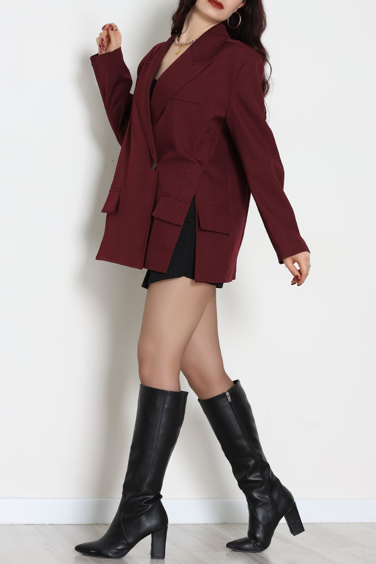 Yandan Yırtmaçlı Astarlı Blazer Ceket Bordo - 6326.001.